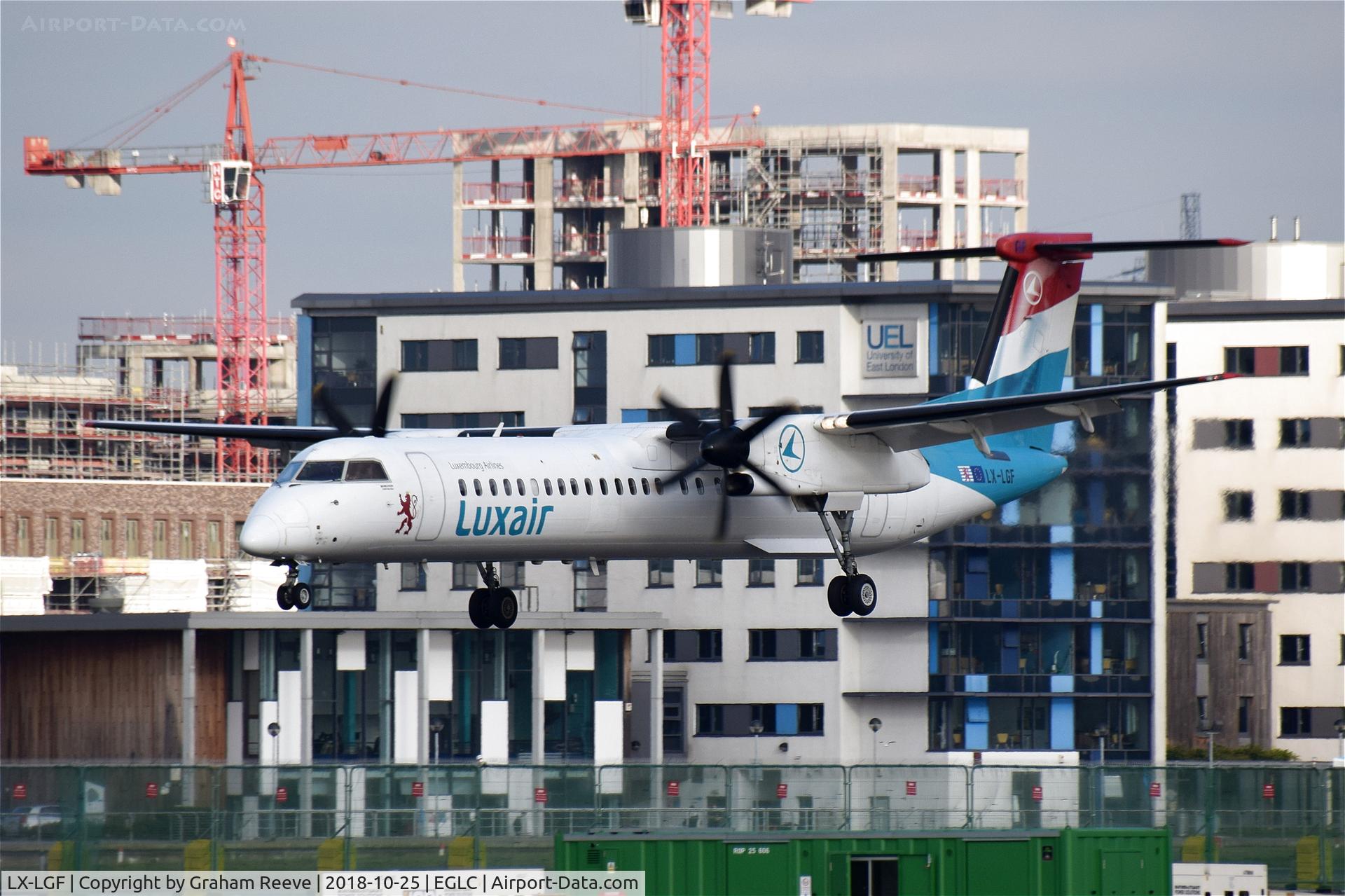 LX-LGF, 2011 De Havilland Canada DHC-8-402Q Dash 8 C/N 4349, Landing at London City Airport.