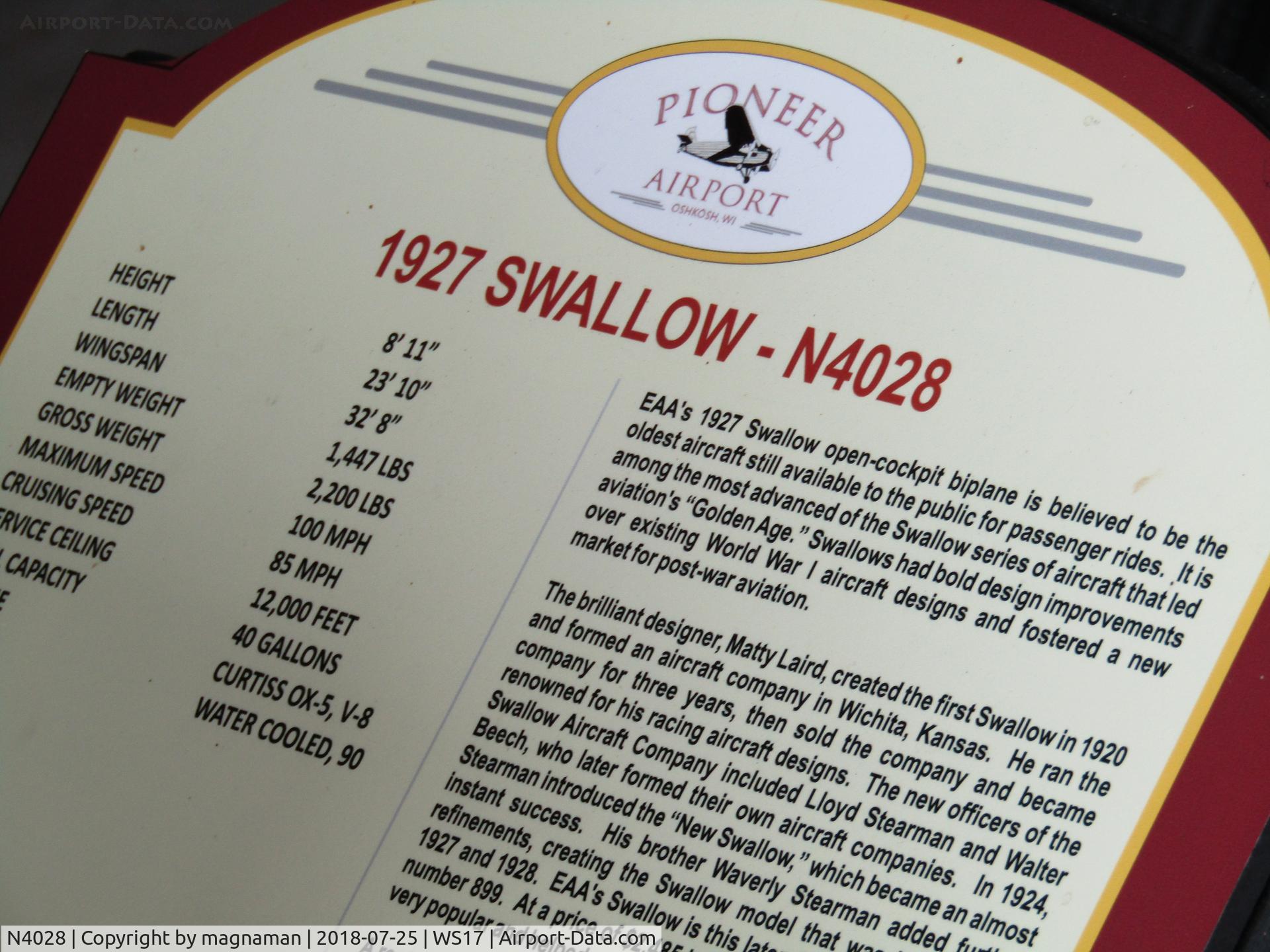 N4028, 1927 Swallow OX-5 Swallow C/N 899, sign at pioneer airport