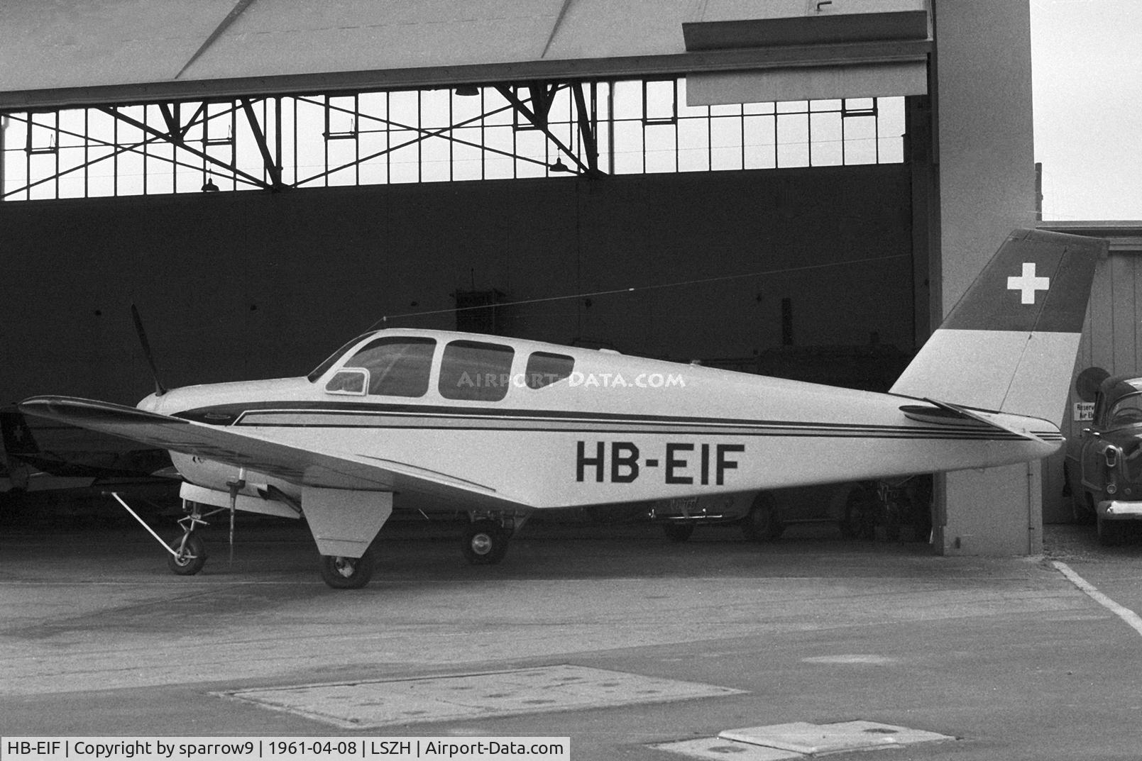 HB-EIF, 1960 Beechcraft 35-33 Debonair C/N CD-211, At Zurich-Kloten Airport, in front of the old GA-hangar. Scanned from 35mm b+w negative.