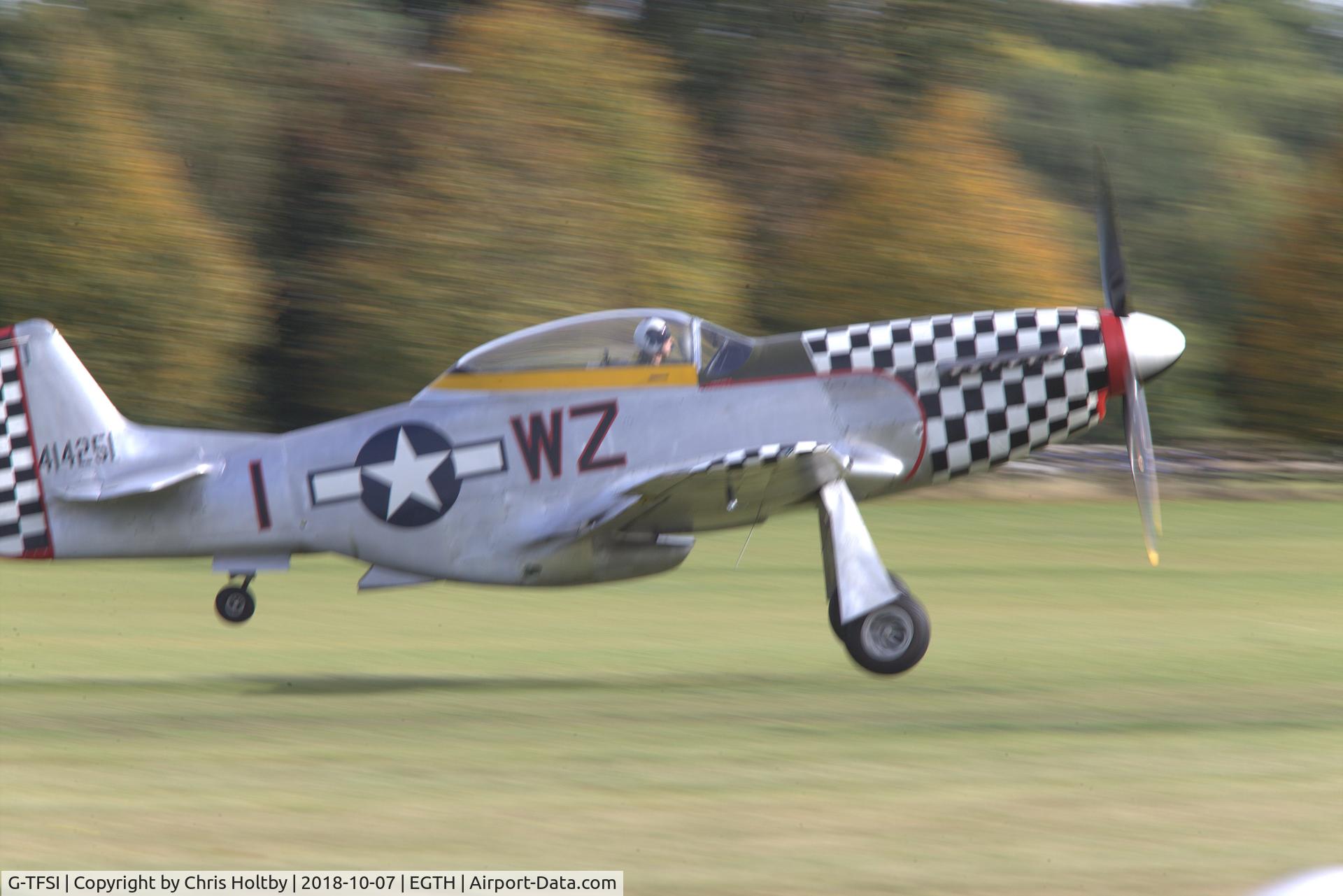 G-TFSI, 1944 North American TF-51D Mustang C/N 124-44703, Taking off at Old Warden to take part in the Shuttleworth Race Day 2018
