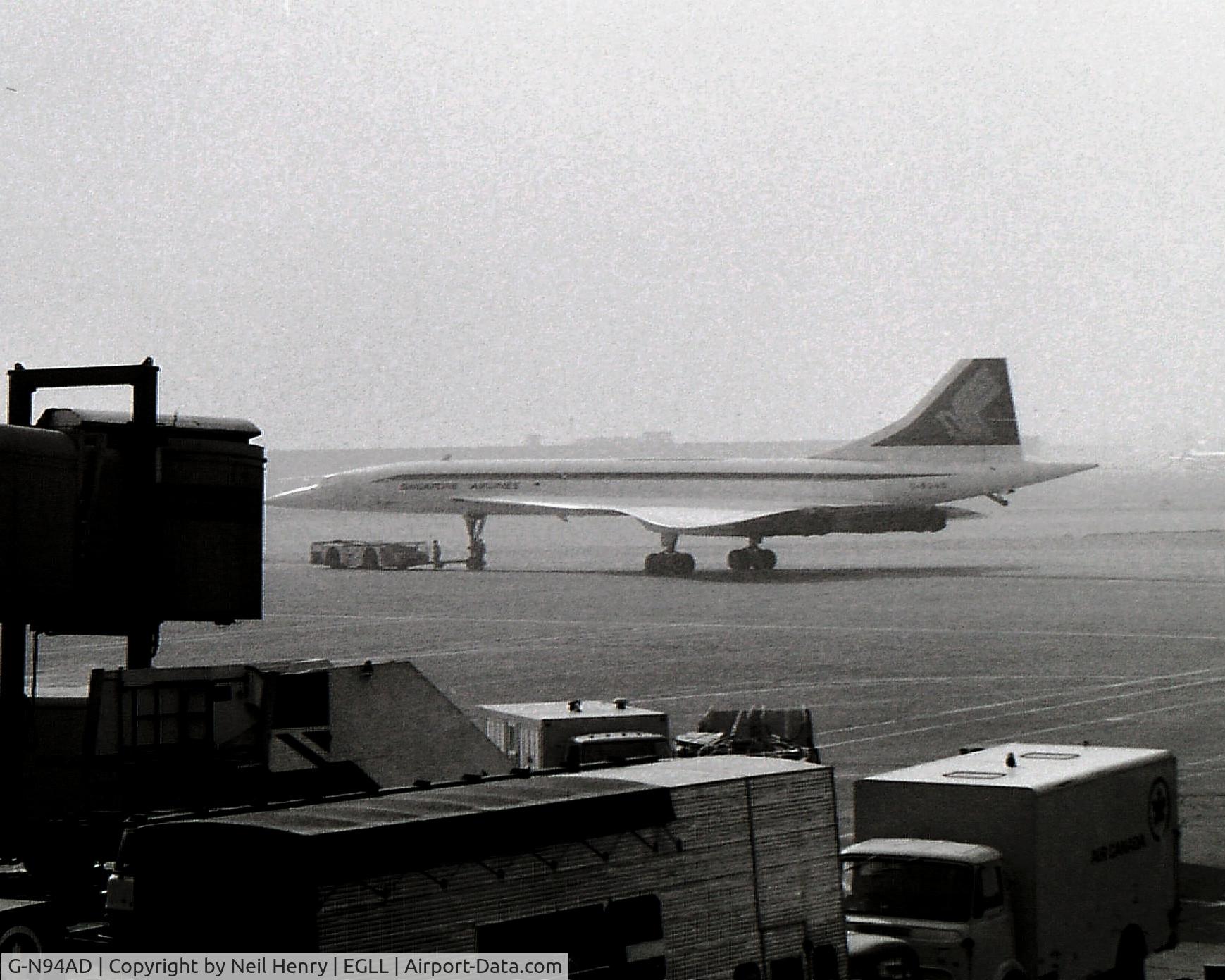 G-N94AD, 1976 Aerospatiale-BAC Concorde 1-102 C/N 100-010, Unable to confirm aircraft registration, but likely to be the only Singapore Airways item seen on the day - taken on monochrome film at London Heathrow from departure lounge of Terminal 3 - October 1978