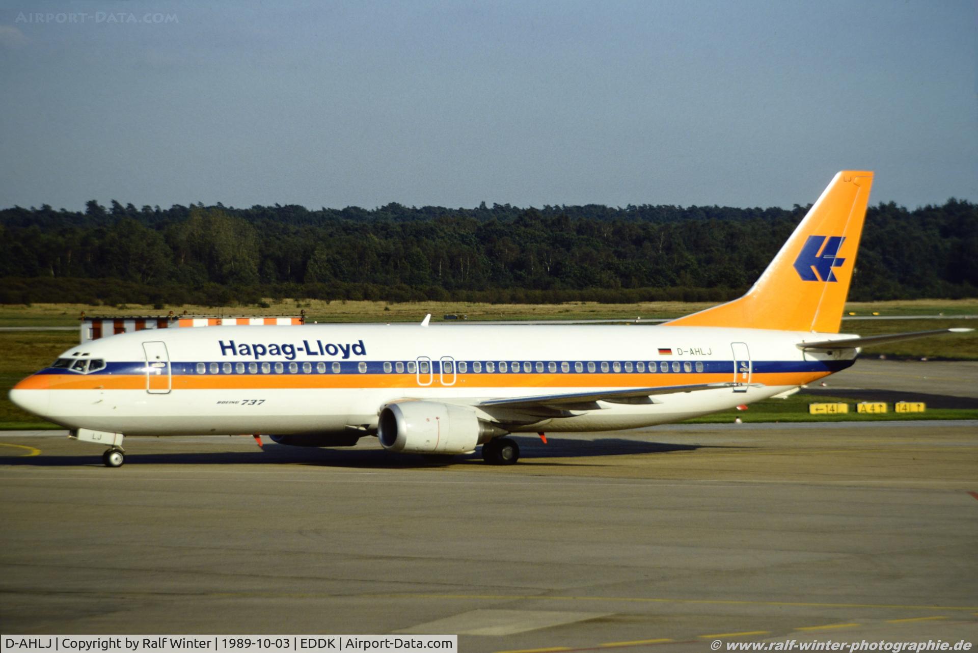 D-AHLJ, 1989 Boeing 737-4K5 C/N 24125, Boeing 737-4K5 - HF HLF Hapag Lloyd Flugdienst - 24125 - D-AHLJ - 03.10.1989 - CGN