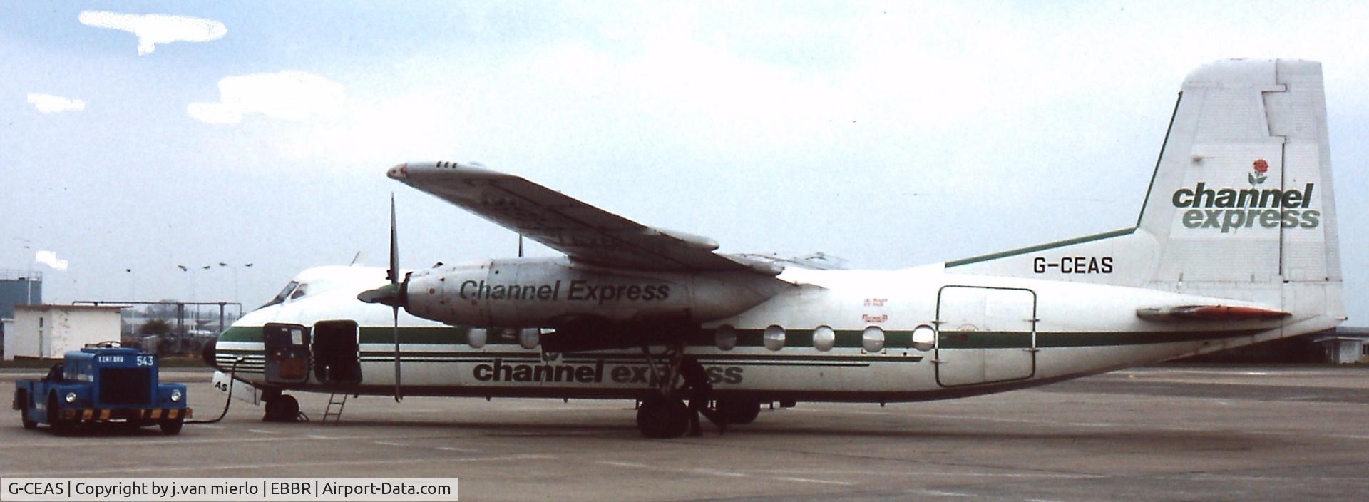 G-CEAS, 1965 Handley Page HPR-7 Herald 214 C/N 186, Awaiting a load of courier at Brussels hub mid80s