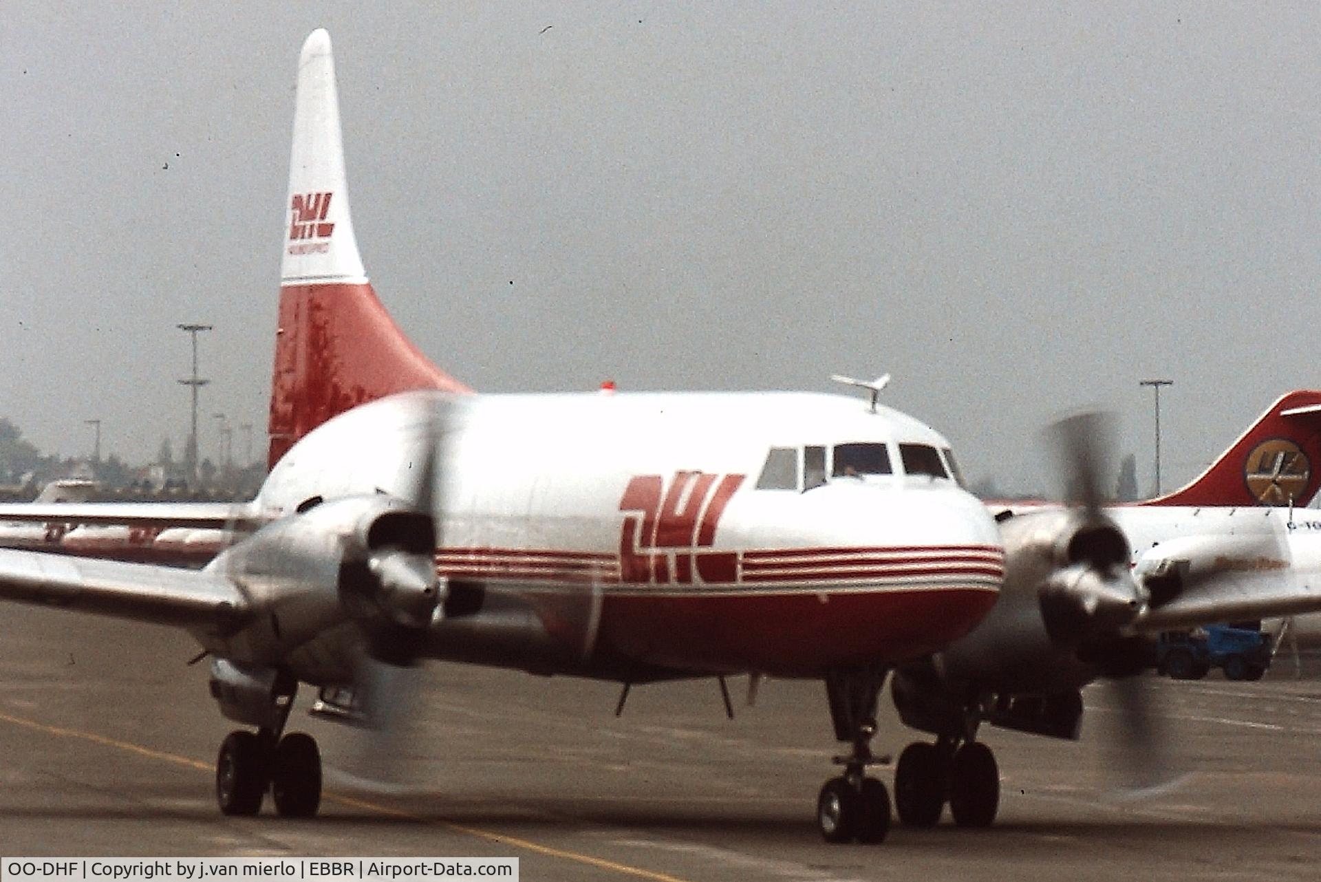 OO-DHF, 1954 Convair 580(F) C/N 147/012, Taxiing out of Brussels hub mid80s