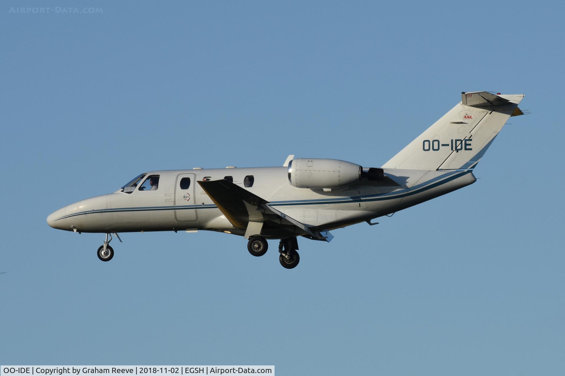 OO-IDE, 1993 Cessna 525 CitationJet C/N 525-0037, Landing at Norwich.
