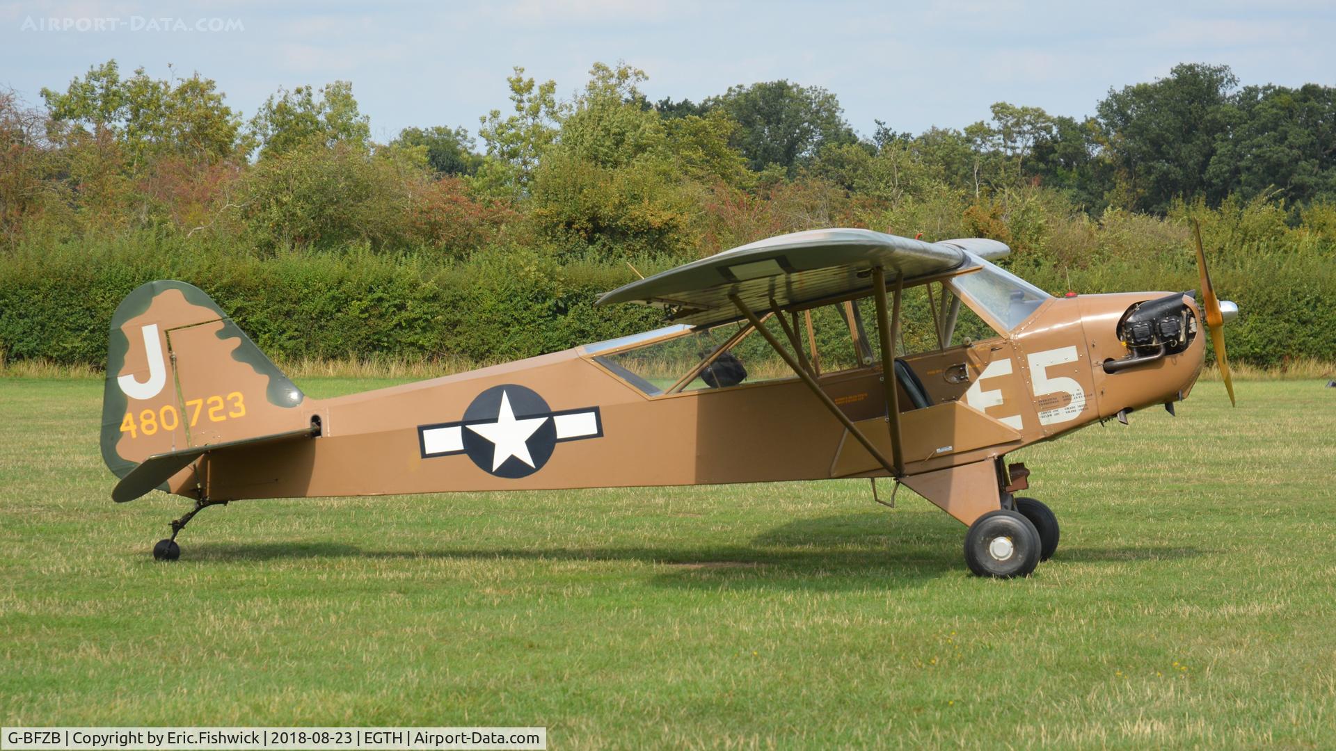 G-BFZB, 1947 Piper L-4J Grasshopper (J3C-65D) C/N 13019, x. J480 723 visiting The Shuttleworth Collection, Aug. 2018.