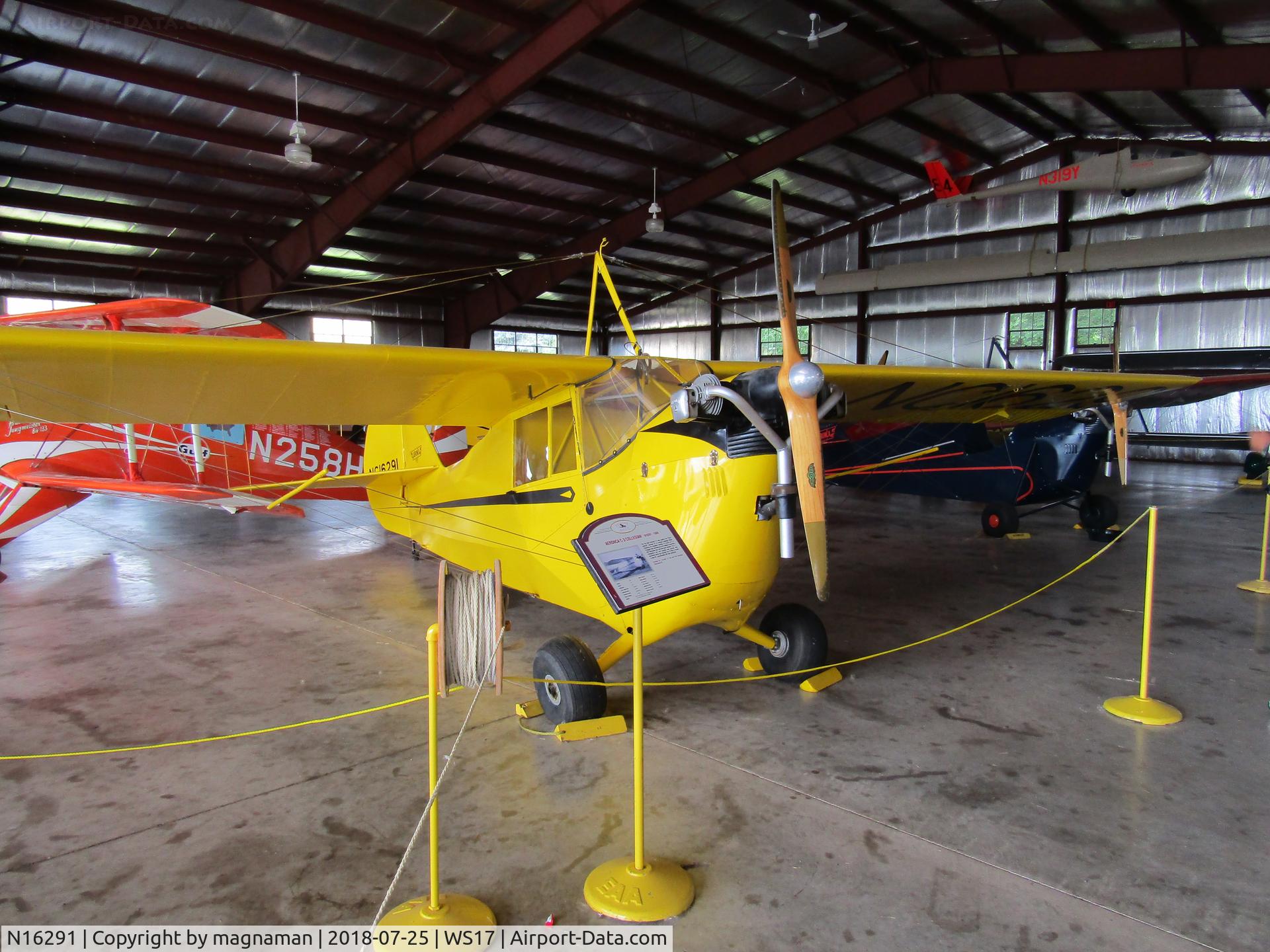 N16291, 1936 Aeronca C-3 C/N A-668, in hangar at pioneer