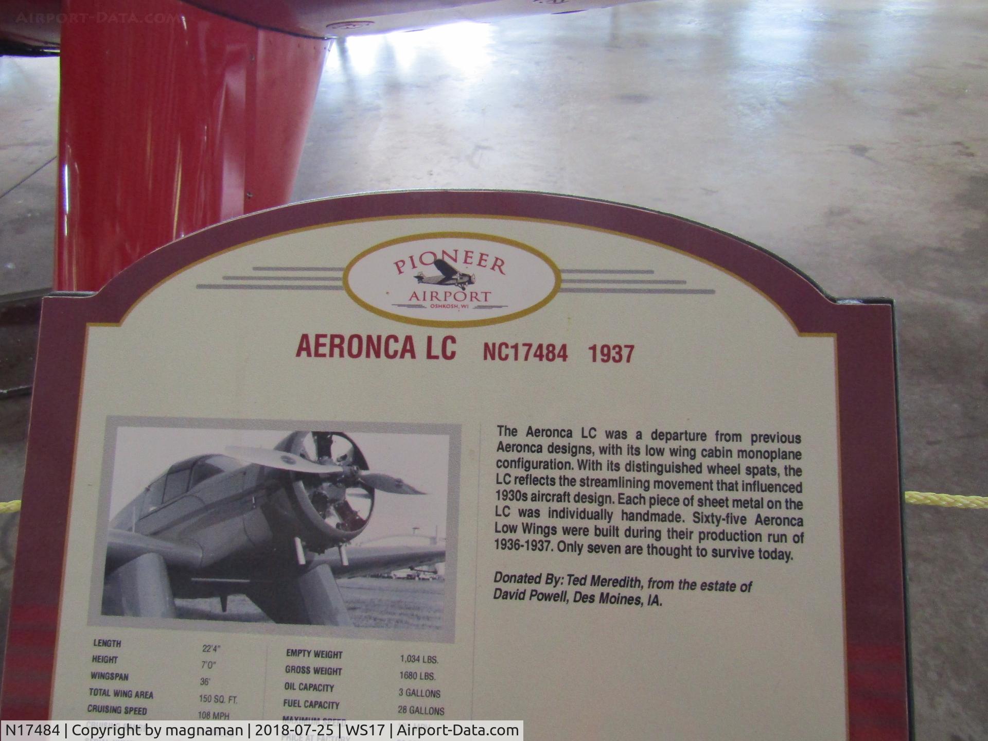 N17484, 1937 Aeronca LC C/N 2060, info board at pioneer