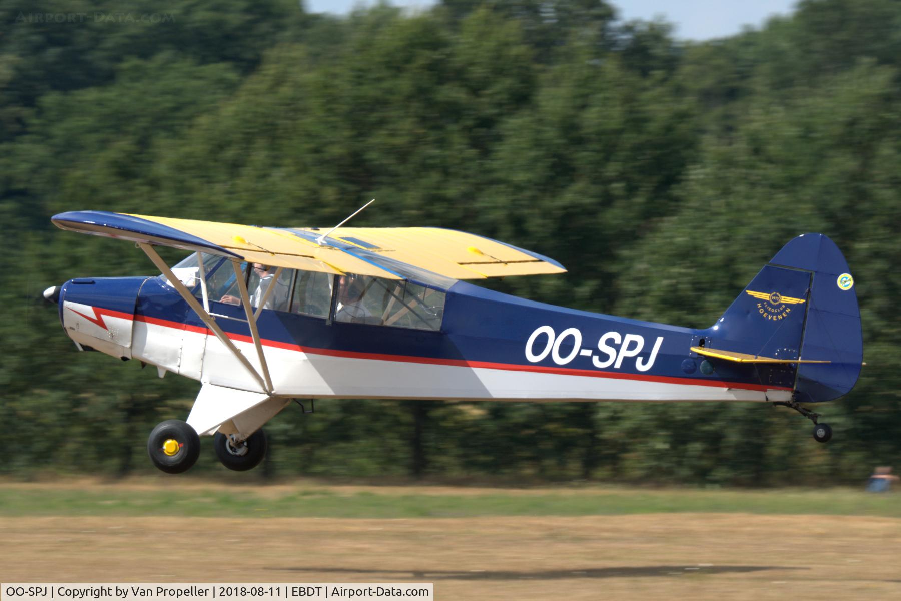 OO-SPJ, 1954 Piper L-18C Super Cub (PA-18-95) C/N 18-1547, Piper L-18C Super Cub landing at Schaffen-Diest airfield, old-timer fly-in 2018