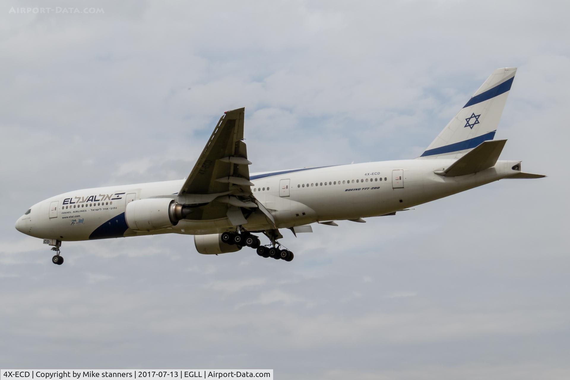 4X-ECD, 2002 Boeing 777-258/ER C/N 33169, EL AL Boeing 777- 258ER landing runway 27R From TLV,HR 13.7.2017