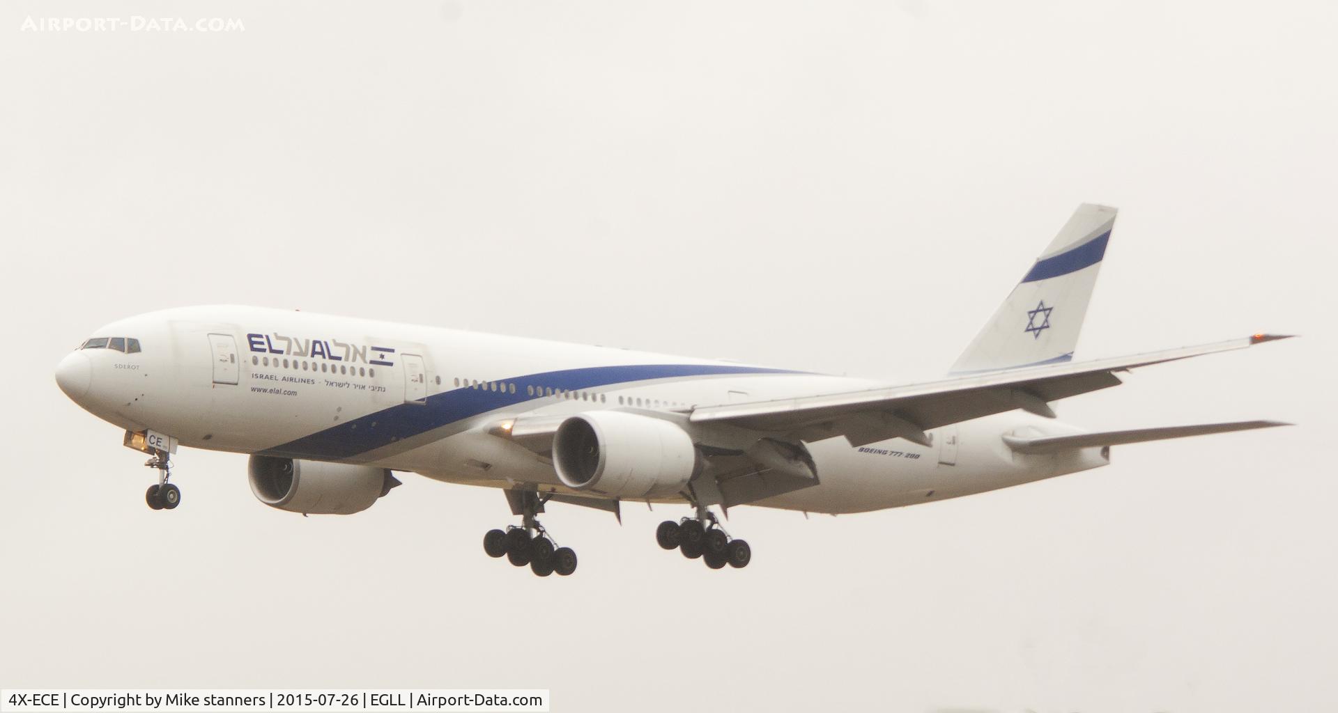 4X-ECE, 2007 Boeing 777-258/ER C/N 36083, EL AL B777 -258ER Landing runway 09R ,LHR 26.7.15.