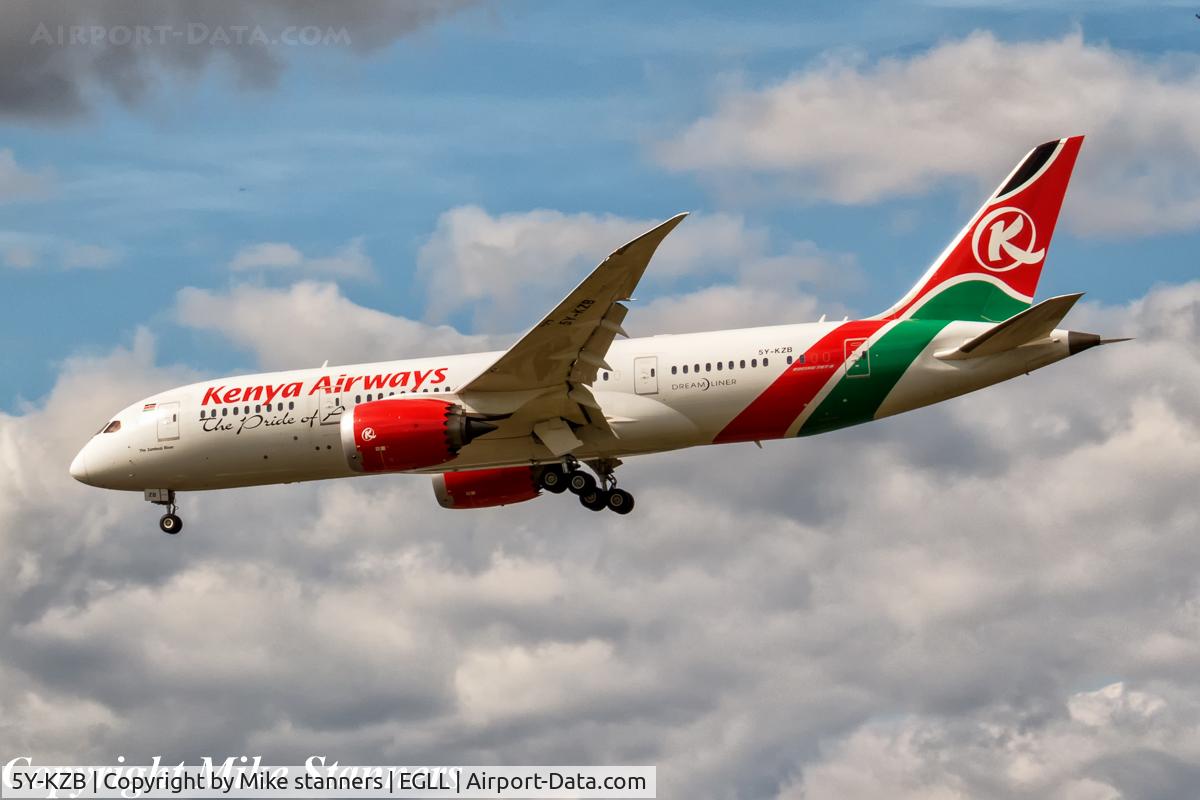 5Y-KZB, 2014 Boeing 787-8 Dreamliner C/N 35511, Kenya Airways Boeing 787- 8 Dreamliner landing runway 27L from NBO,LHR 14.7.17