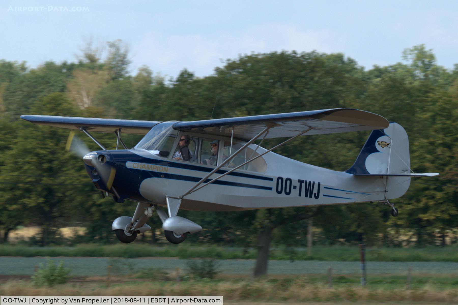 OO-TWJ, 1946 Aeronca 7AC Champion C/N 7AC-3625, Aeronca 7AC Champion landing at Schaffen-Diest airfield, old-timer fly-in 2018