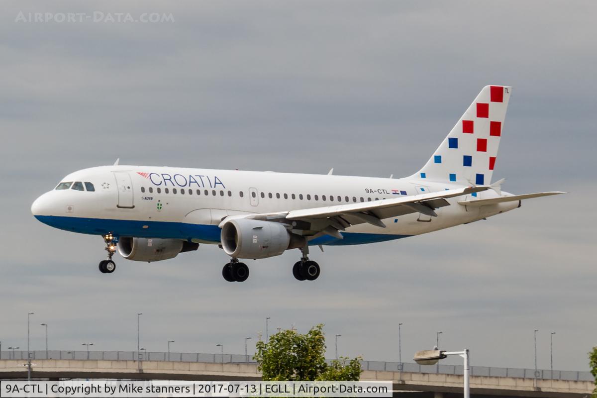 9A-CTL, 2000 Airbus A319-112 C/N 1252, Croatia Airlines A319 -112 Landing runway 09L from ZAG,LHR 13.7.17
