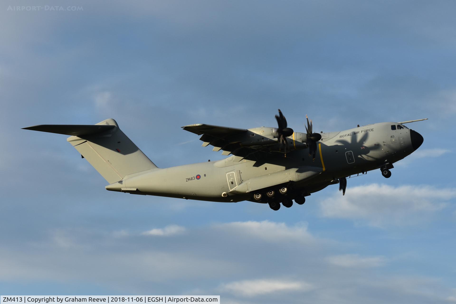 ZM413, 2016 Airbus A400M-180 Atlas C.1 C/N 045, Departing from Norwich.