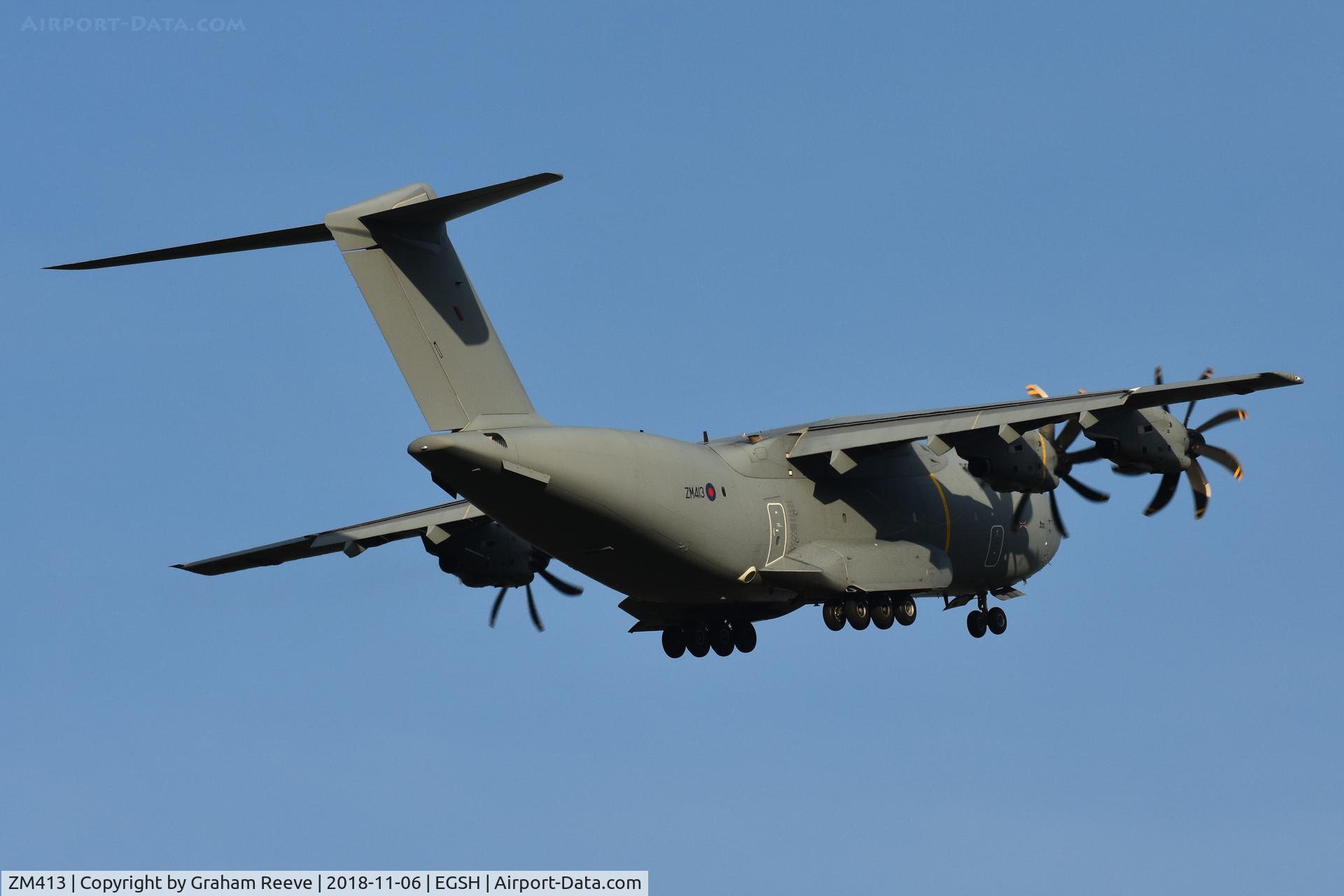 ZM413, 2016 Airbus A400M-180 Atlas C.1 C/N 045, Departing from Norwich.
