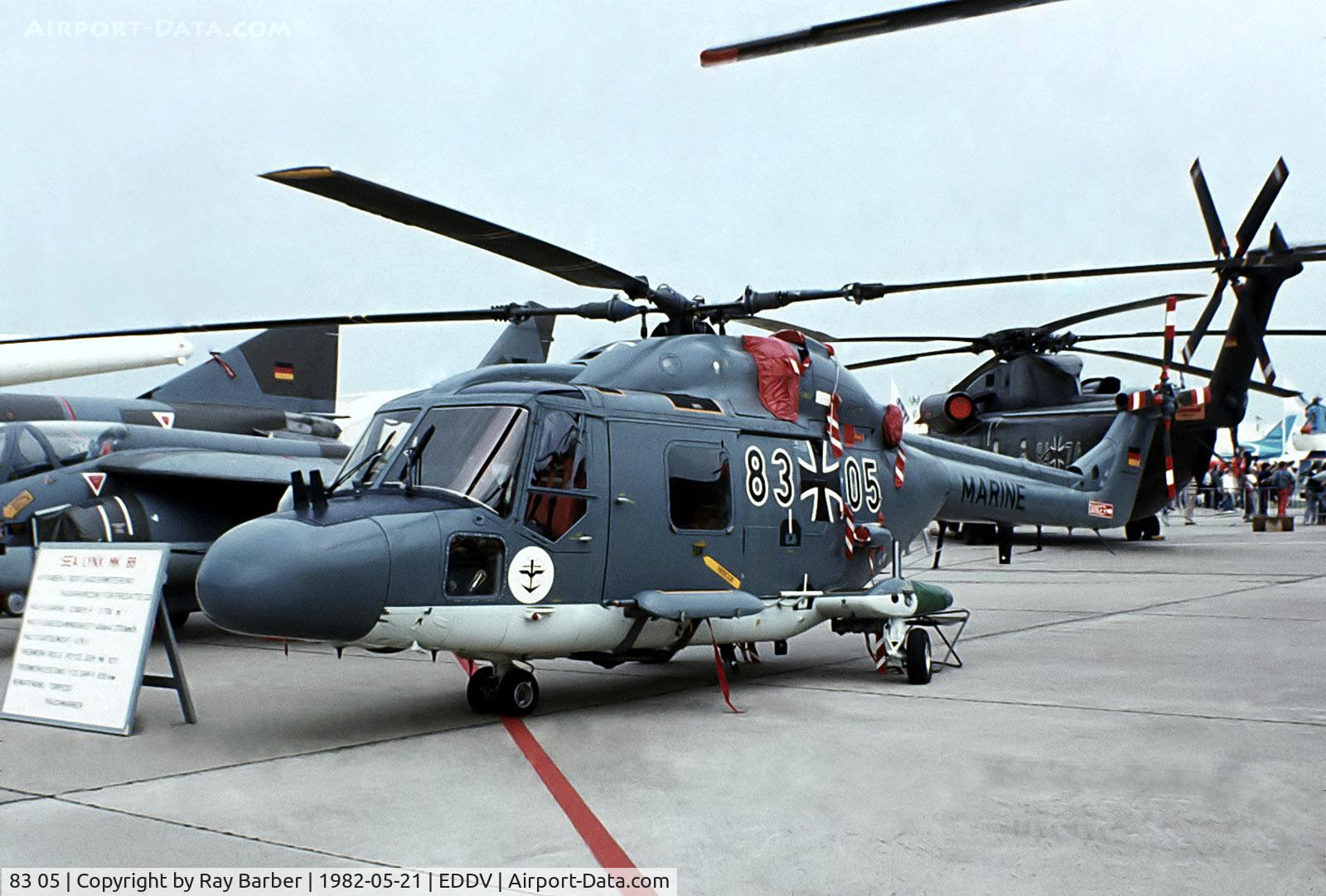 83 05, Westland Lynx Mk.88 C/N 246, 83+05   Westland Mk.88A Lynx [419] (German Navy) Hannover~D 21/05/1982. The c/n246 Mk.88 was the old one reconstructed and components used in construction of c/n 419 Mk.88A