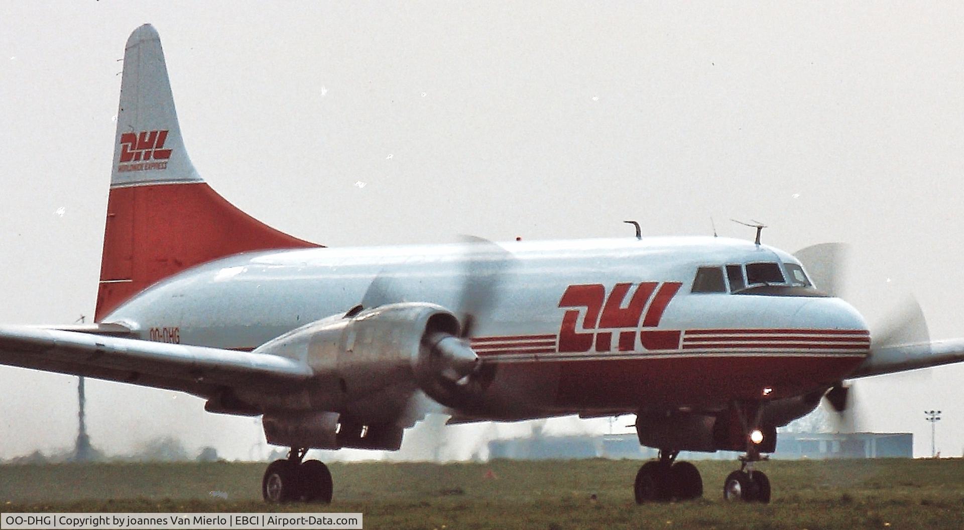 OO-DHG, 1954 Convair 580(F) C/N 025/069, Taxiing for training flights at Gosselies/Charleroi Belgium '80s scan/slide