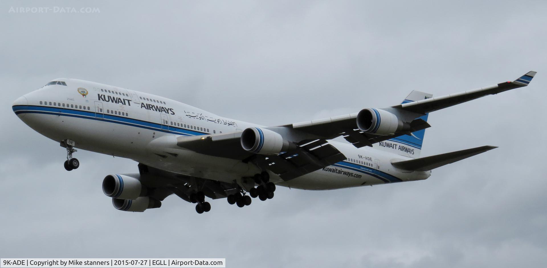 9K-ADE, 1994 Boeing 747-469 (M) C/N 27338, Kuwait Airways B747- 469 SCD Landing runway 27L from KWI,LHR 27.7.15