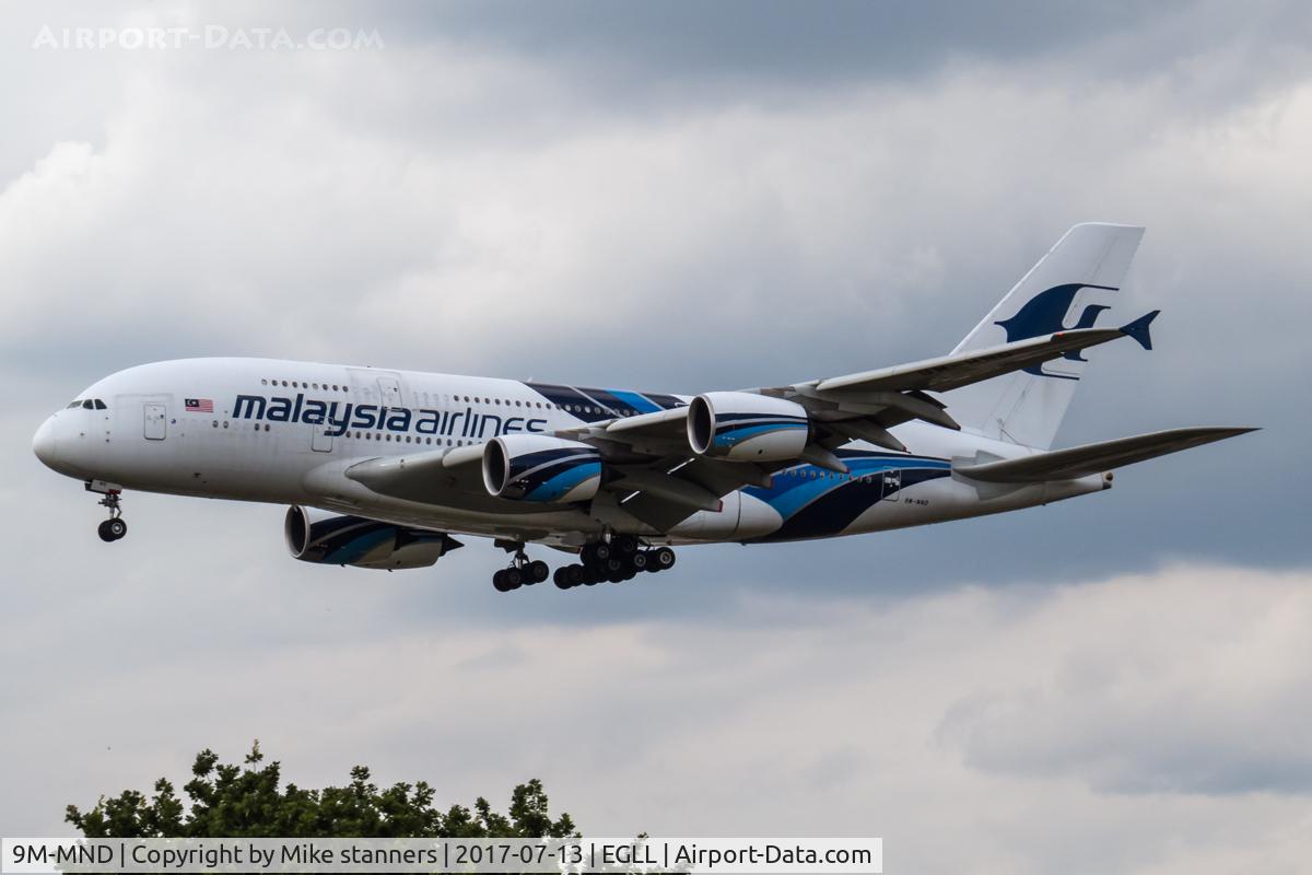 9M-MND, 2012 Airbus A380-841 C/N 089, Malaysia Airlines A380- 841 landing runway 27L from KUL,LHR 13.7.17