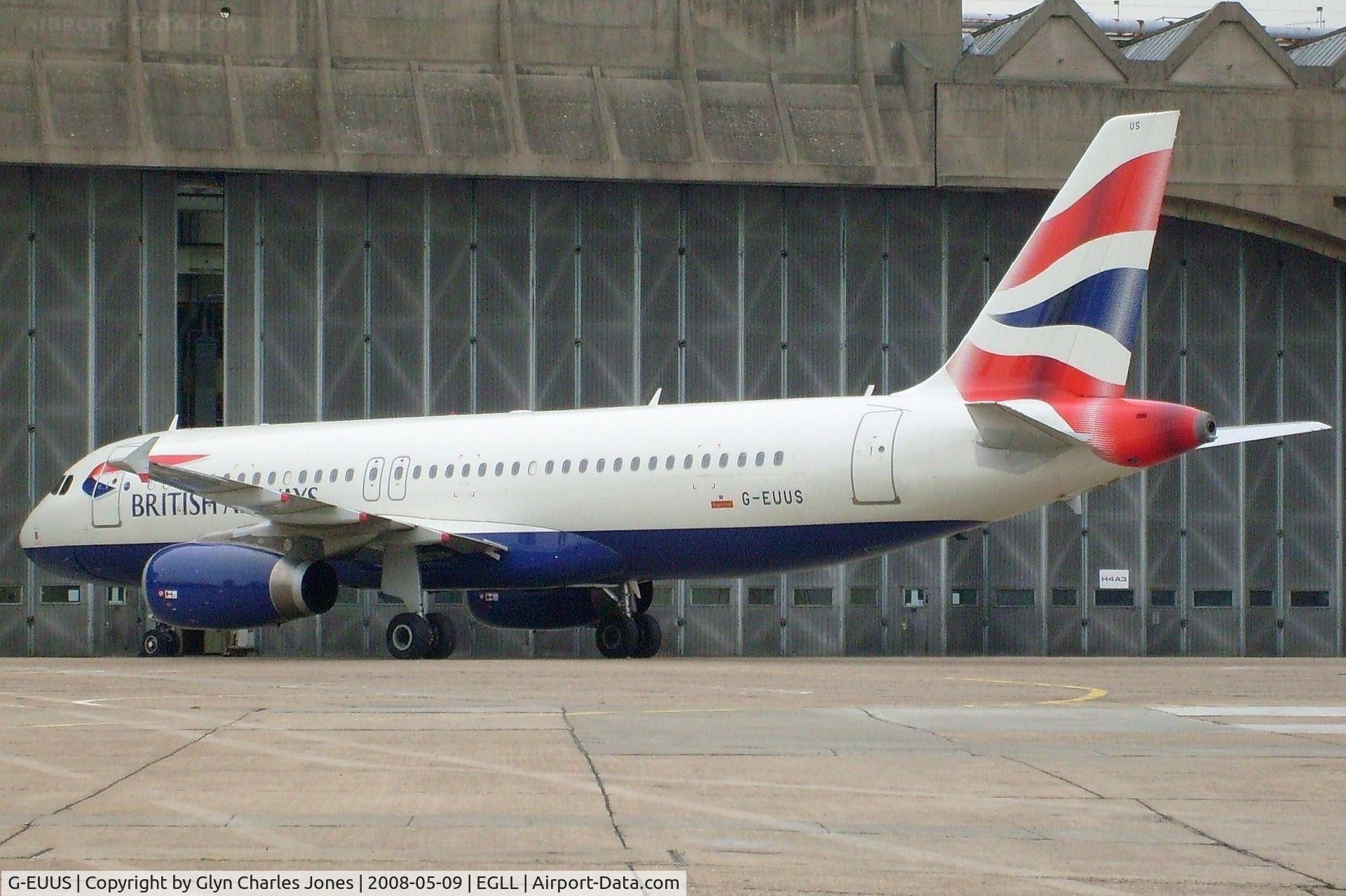 G-EUUS, 2007 Airbus A320-232 C/N 3301, Test registration was F-WWIF. Outside T.B.A. British Airways East Base. Note the architecture of the hangar, built in the 1950s, one of the few buildings left from that era.