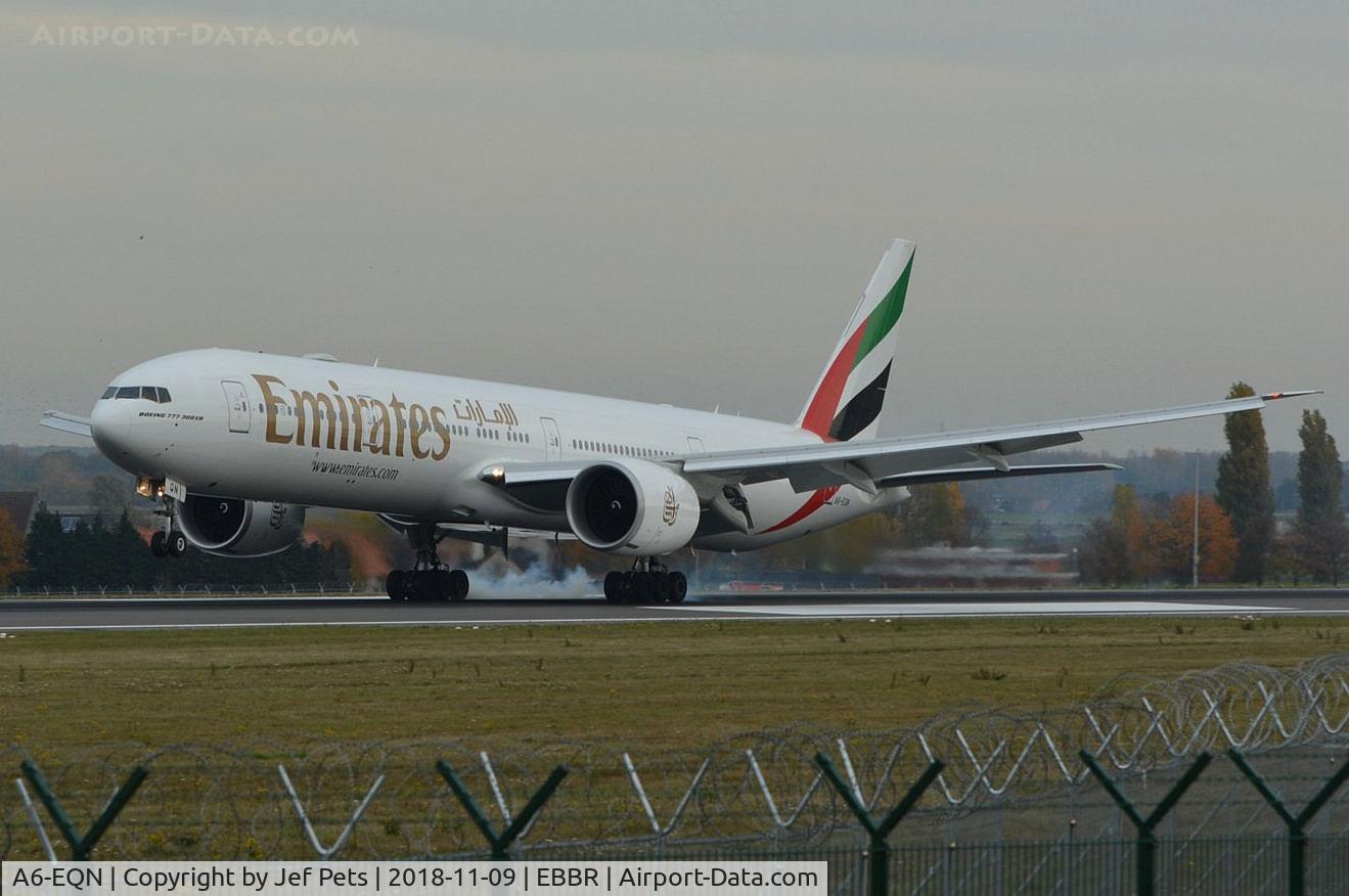A6-EQN, 2018 Boeing 777-31H/ER C/N 42362, Landing at Brussels.