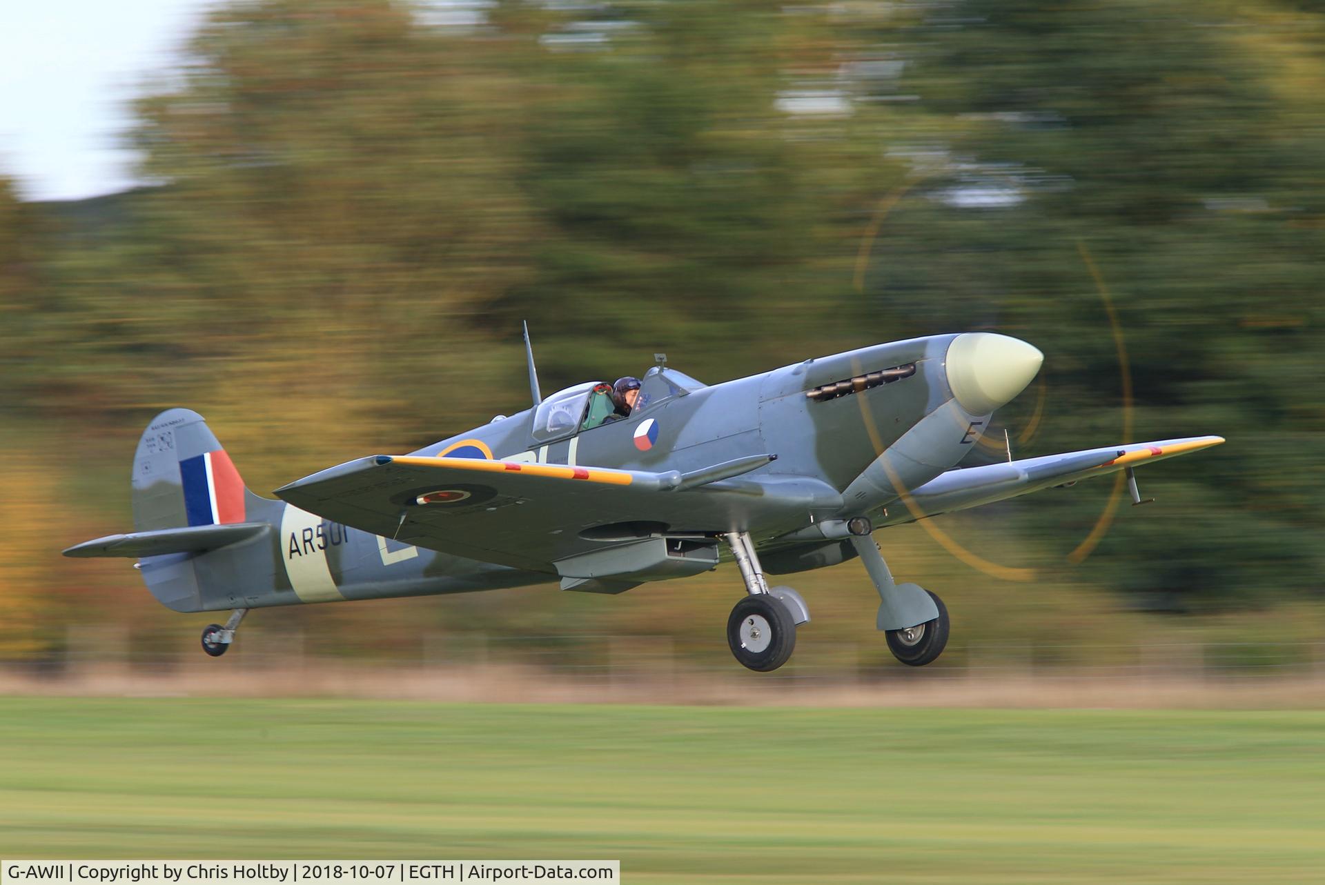 G-AWII, 1942 Supermarine 349 Spitfire LF.Vc C/N WASP/20/223, Taking to the air at Old Warden's Race day 2018