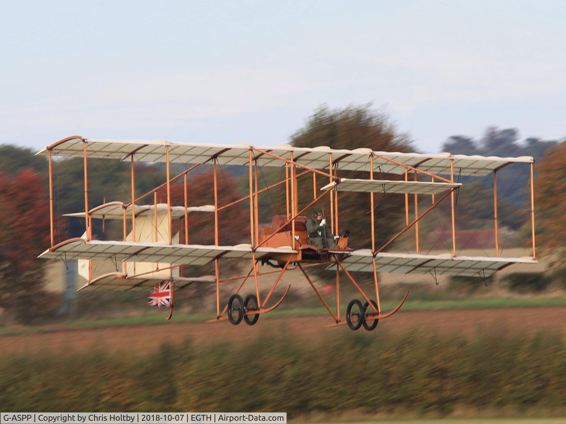 G-ASPP, 1964 Bristol Boxkite Replica C/N BM.7279, Lifting regally into the air in perfect virtually windless conditions at old Warden during the finale of the 2018 Race Day on October the 7th.