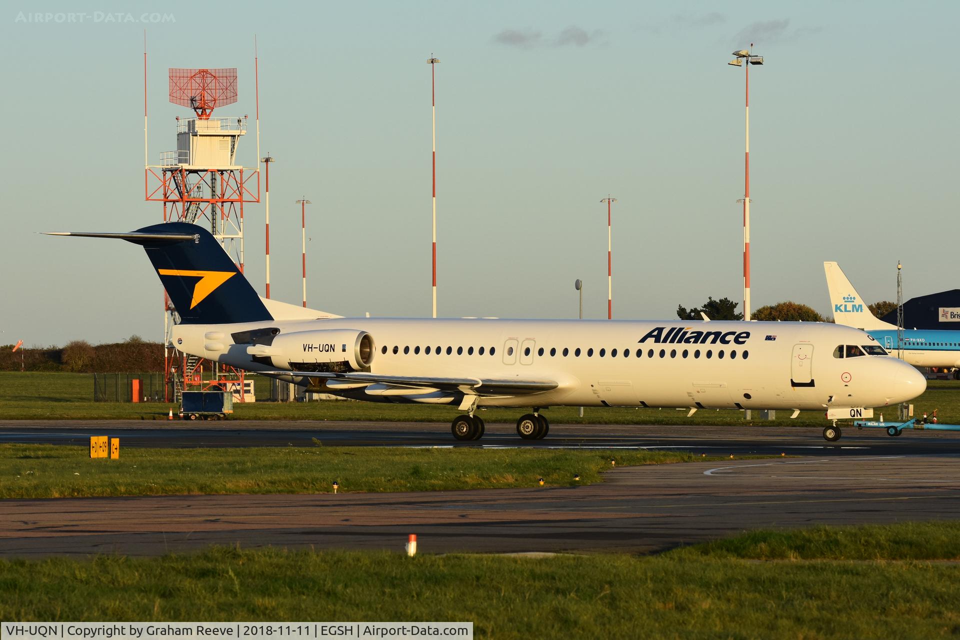 VH-UQN, 1991 Fokker F100 (F-28-0100) C/N 11361, Under tow at Norwich.