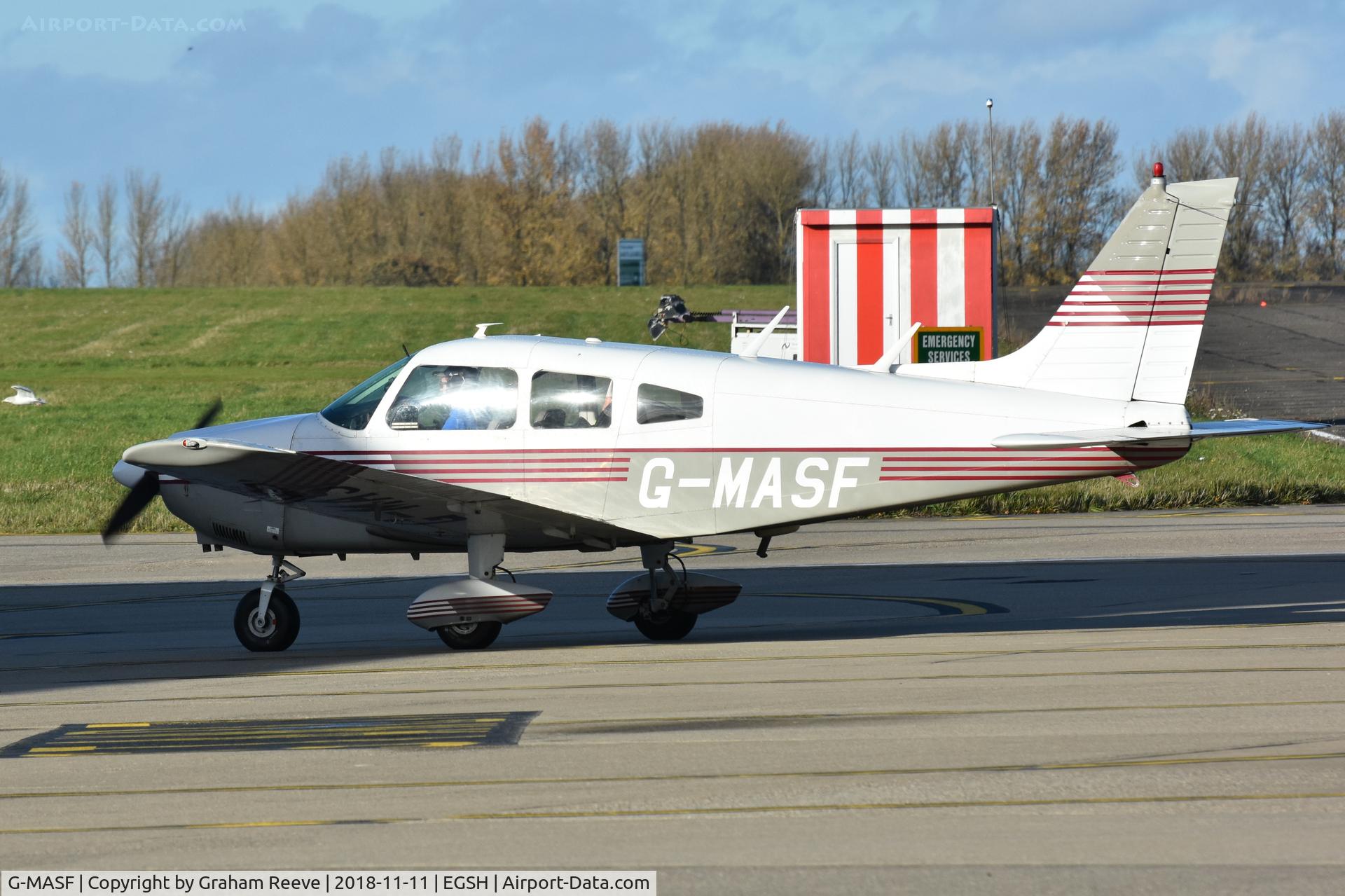 G-MASF, 1976 Piper PA-28-181 Cherokee Archer II C/N 28-7790191, Just landed at Norwich.