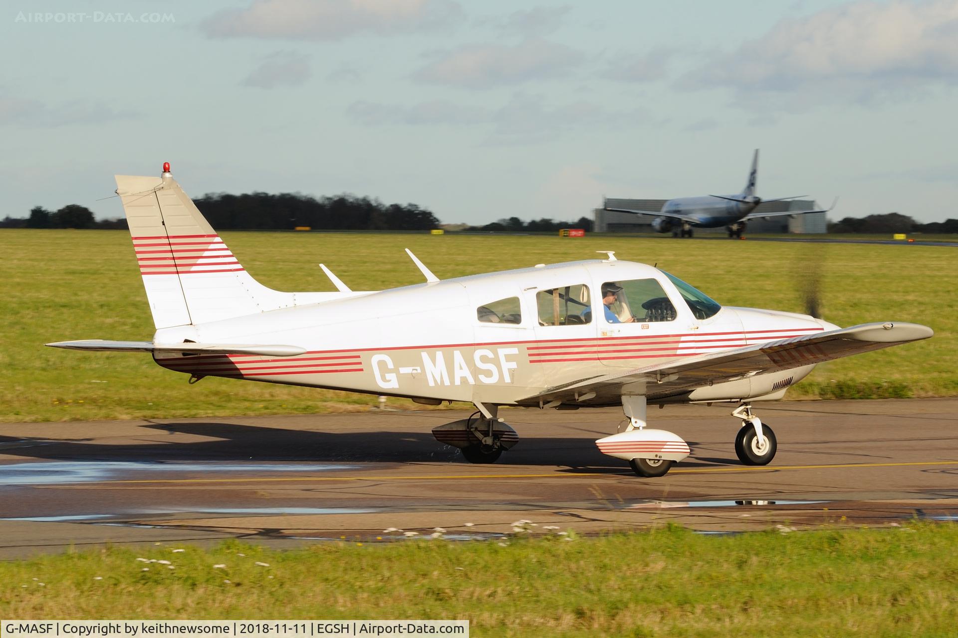 G-MASF, 1976 Piper PA-28-181 Cherokee Archer II C/N 28-7790191, Nice Visitor leaving Norwich.