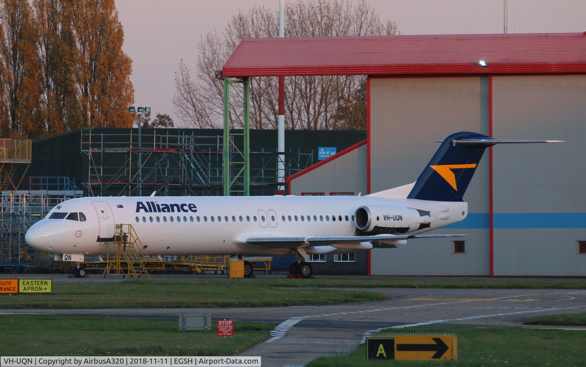 VH-UQN, 1991 Fokker F100 (F-28-0100) C/N 11361, Emerged out of the paint shop earlier today , seen parked outside the KLM hangars