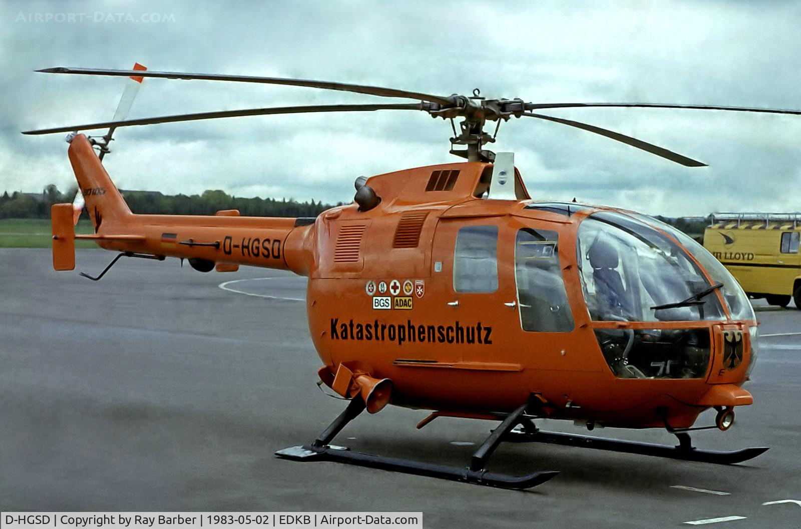 D-HGSD, 1971 MBB Bo-105CBS-5 C/N S-15, D-HGSD   Bolkow Bo.105CBS-5 [S-15] (Katastrophenschutz) Bonn-Hangelar~D 02/05/1983. From a slide.