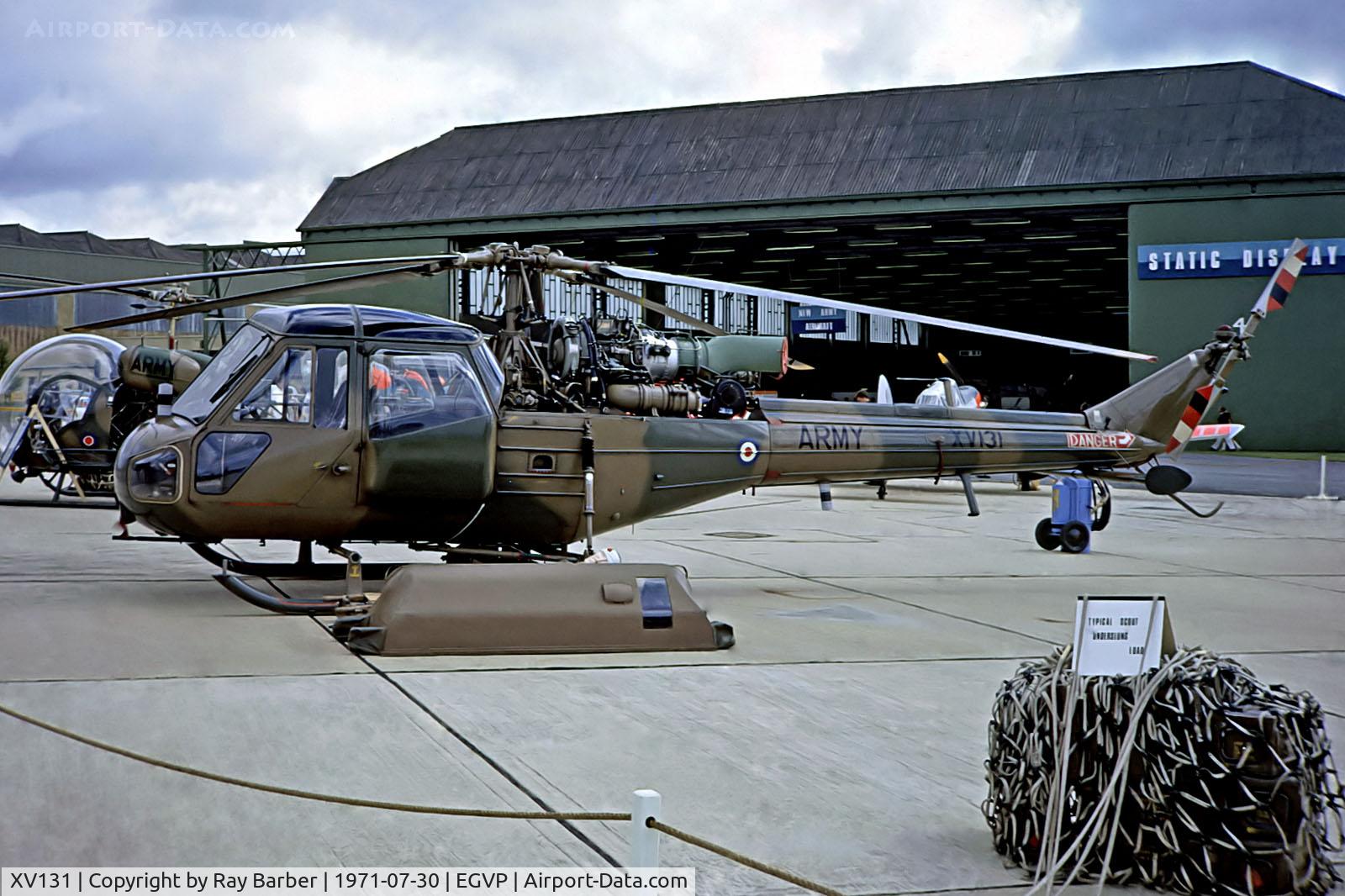 XV131, Westland Scout AH.1 C/N F9706, XV131   Westland Scout AH.1 [F.9706] (Army Air Corp) AAC Middle Wallop~G @ 30/07/1971. From a slide.