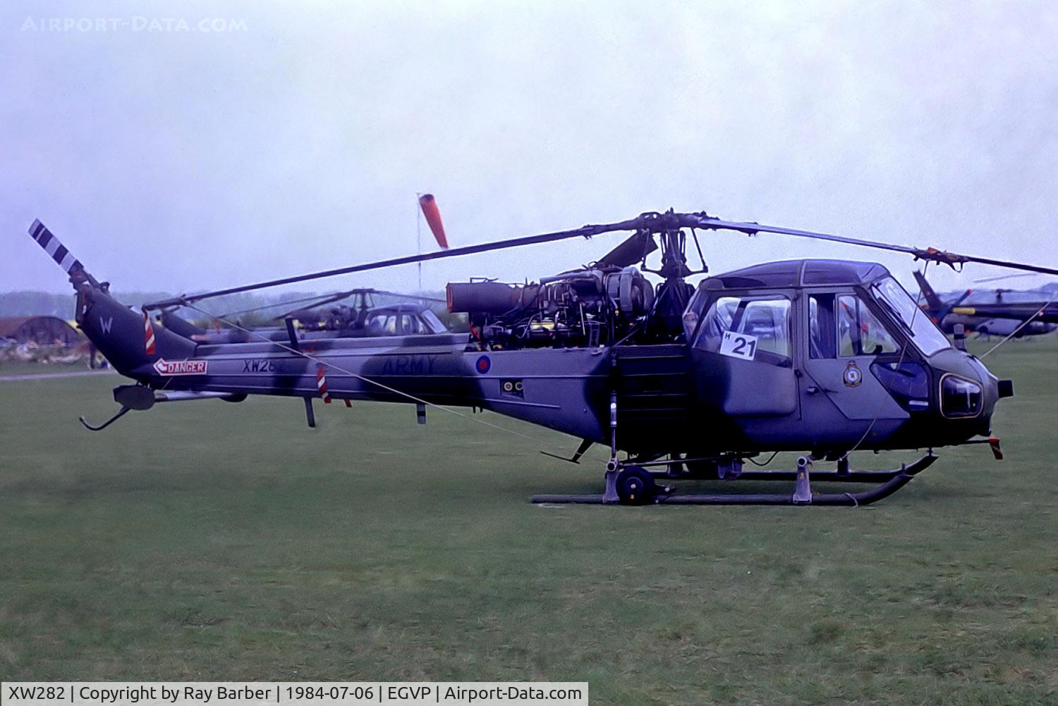 XW282, 1969 Westland Scout AH.1 C/N F9737, XW282   Westland Scout AH.1 [F.9737] (Army Air Corp) AAC Middle Wallop~G 06/07/1984. From a slide.