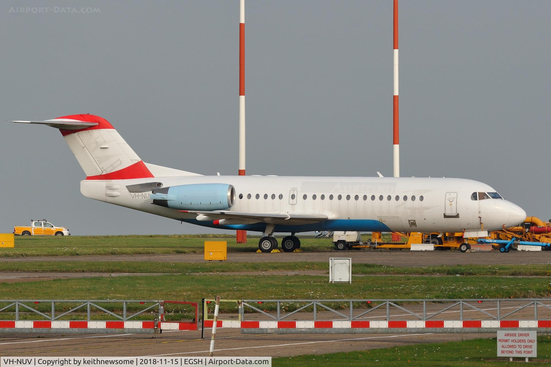 VH-NUV, 1995 Fokker 70 (F-28-0070) C/N 11554, Formerly OE-LFH showing very feint Australian registration.