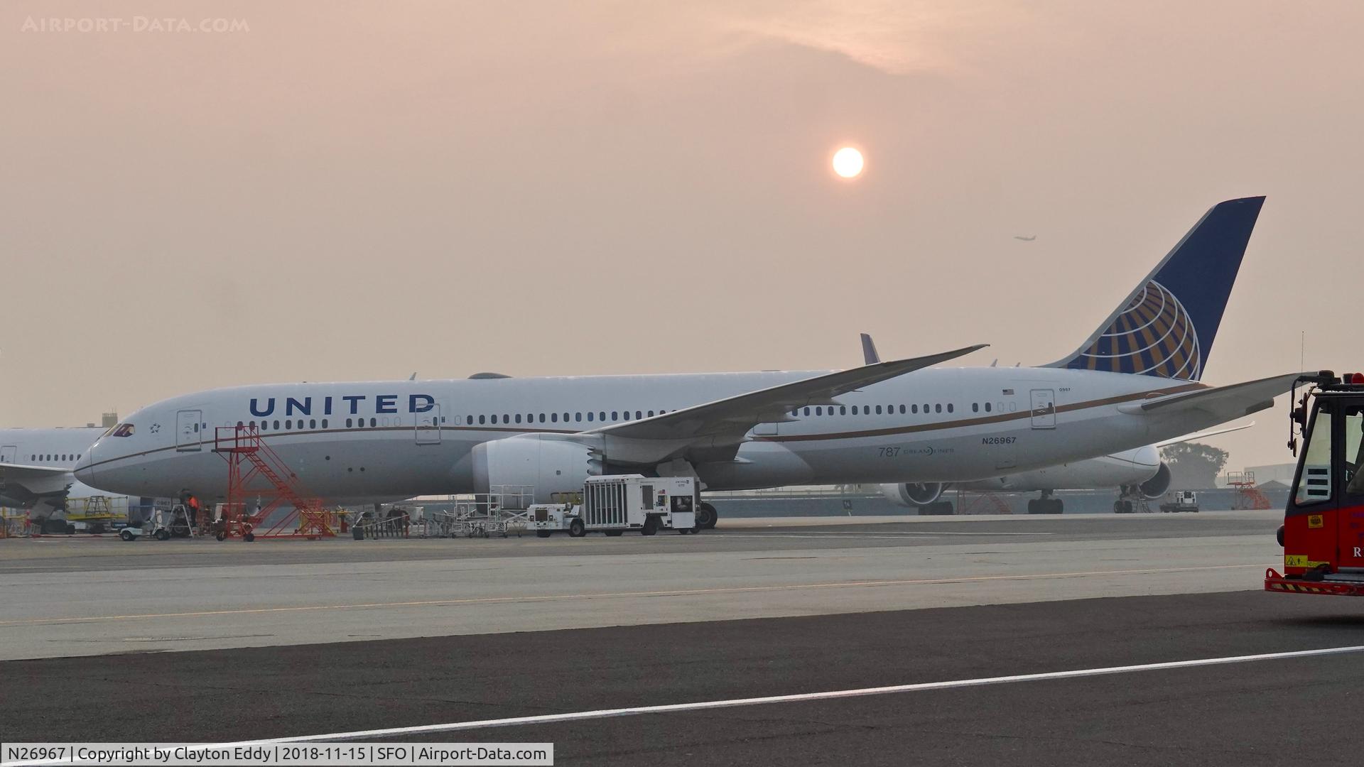 N26967, 2016 Boeing 787-9 Dreamliner Dreamliner C/N 60144, Smoke from Paradise fire. SFO 2018.