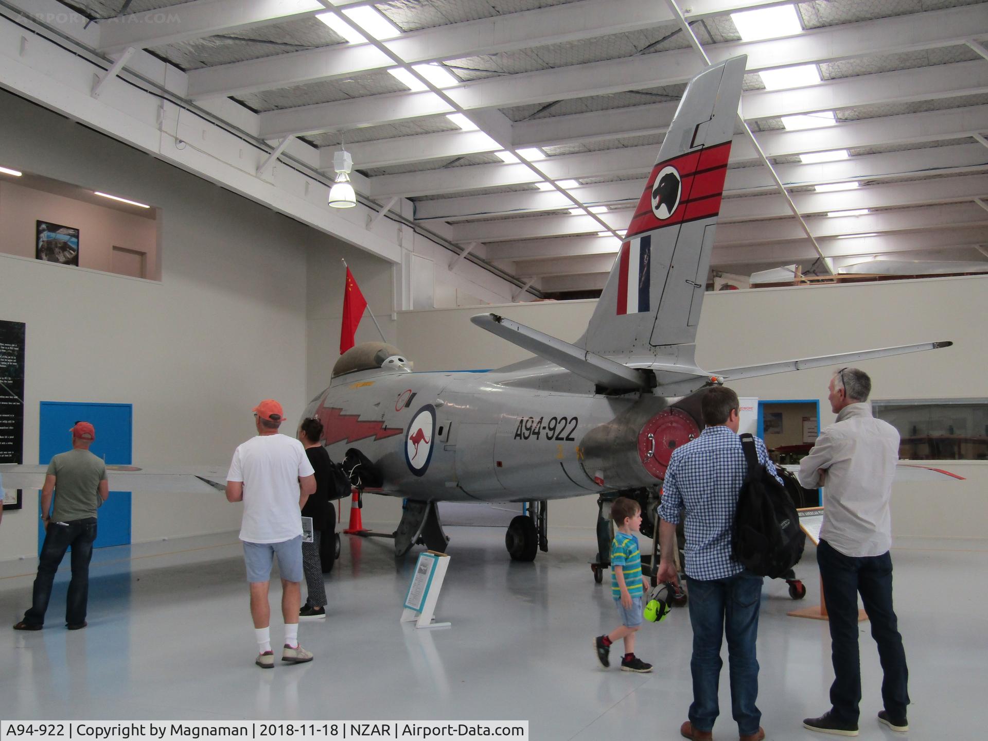 A94-922, 1955 Commonwealth CA-27 Sabre Mk.31 C/N CA27-22, in warbird hangar Ardmore