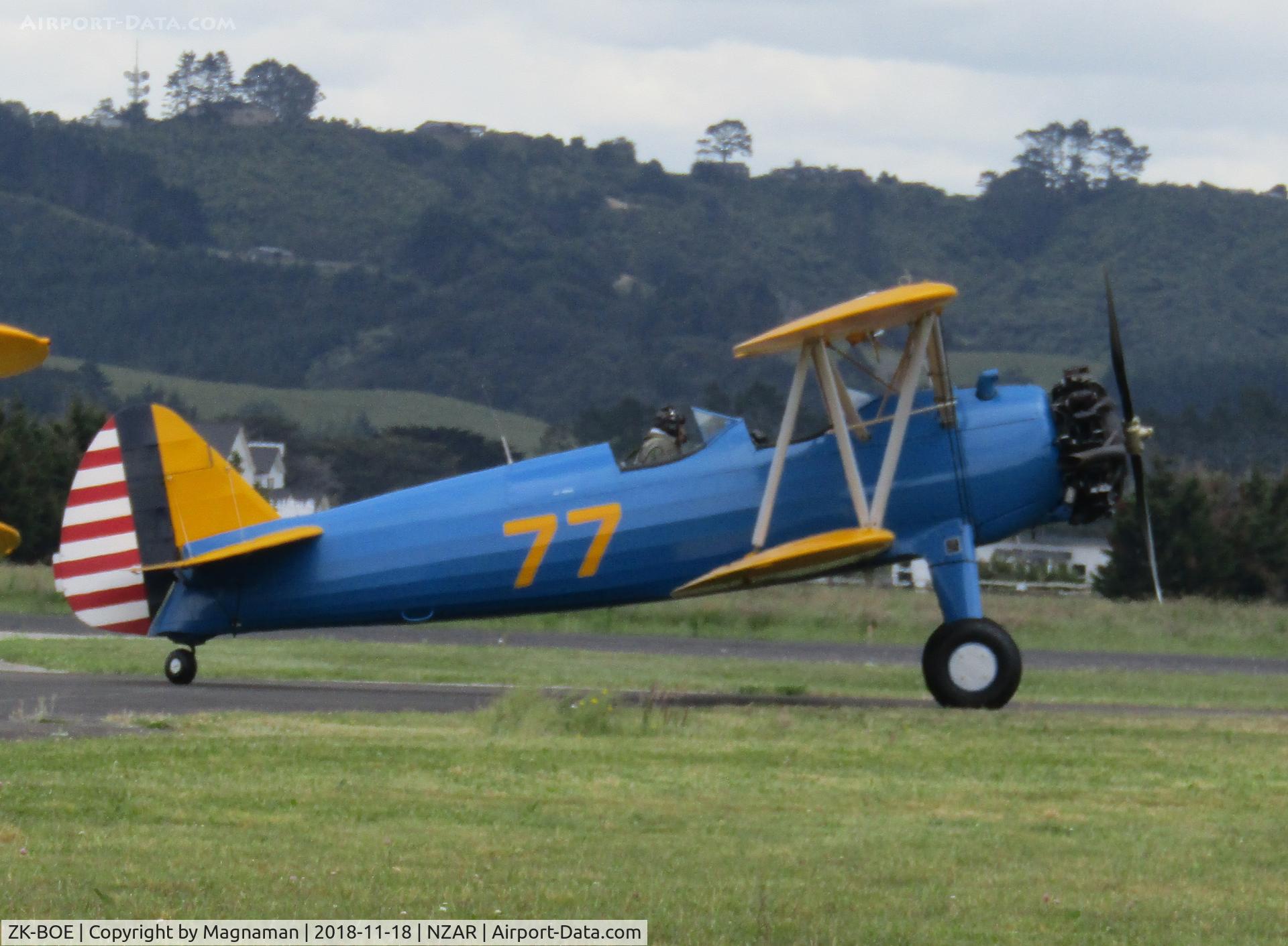 ZK-BOE, 1942 Boeing PT-13D Kaydet (E75) C/N 75-5064, taxying in after display