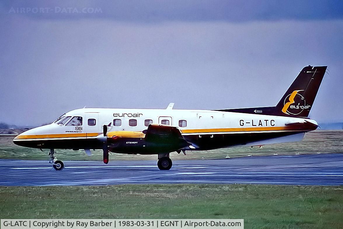 G-LATC, 1980 Embraer EMB-110P1 Bandeirante C/N 110304, G-LATC   Embraer Emb-110P1 Bandeirante [110304] (Euroair) Newcastle-Woolsington~G 31/03/1983. From a slide.