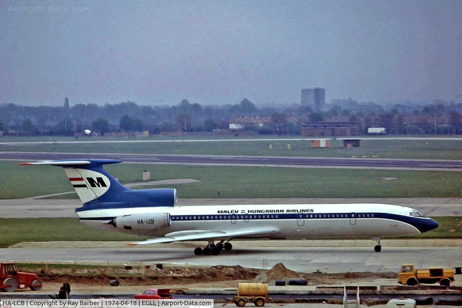 HA-LCB, 1973 Tupolev Tu-154B-2 C/N 73A046, HA-LCB   Tupolev Tu-154B-2 [73A-046] ( Malev-Hungarian Airlines) Heathrow~G 18/04/1974. From a slide. Now used by the Fire Service at Stuttgart airport and marked D-AFSG.
