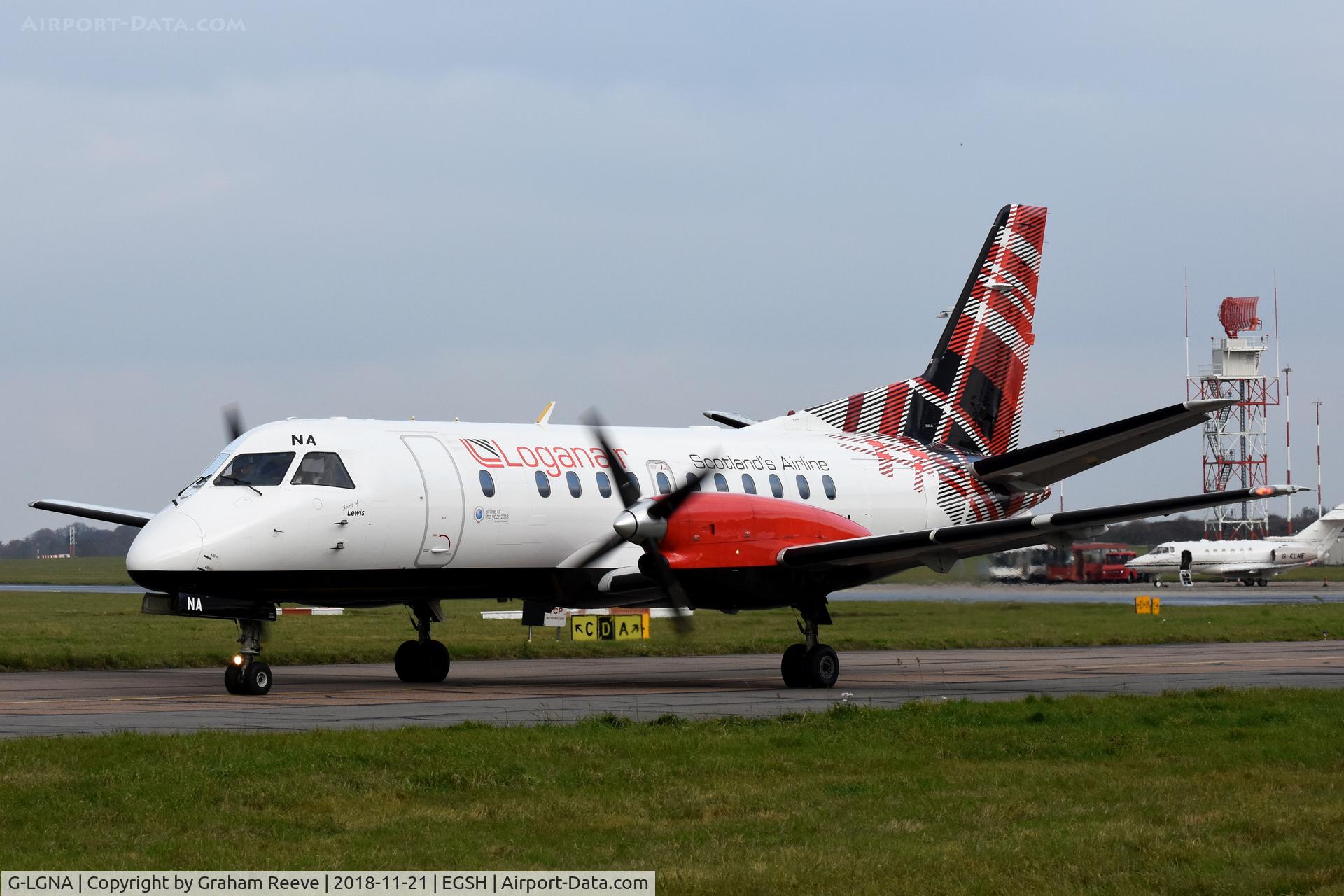 G-LGNA, 1990 Saab 340B C/N 340B-199, Departing from Norwich.
