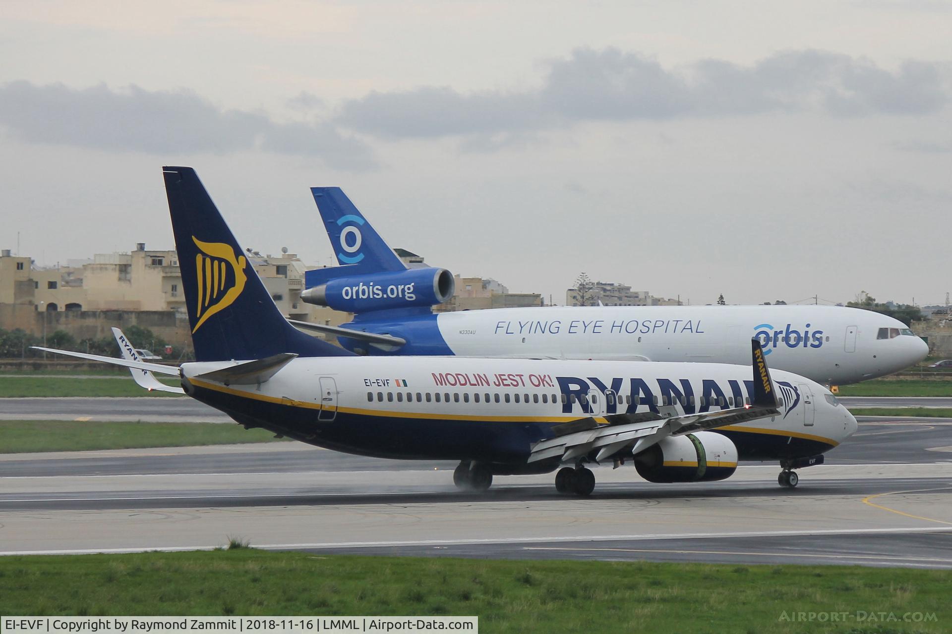 EI-EVF, 2012 Boeing 737-8AS C/N 40291, B737-800 EI-EVF Ryanair taxying past Orbis Flying Ophtalmic Hospital DC10 N330AU