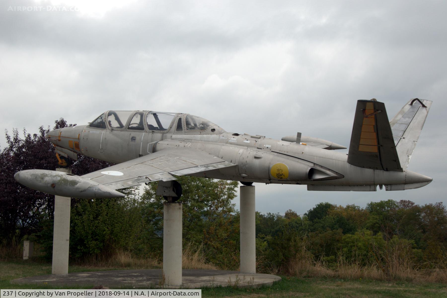 237, 1959 Fouga CM-170R Magister C/N 237, Fouga CM.170 Magister on poles on the roadside near Loudes airport in France. Unfortunately in bad shape, corroded and parts missing