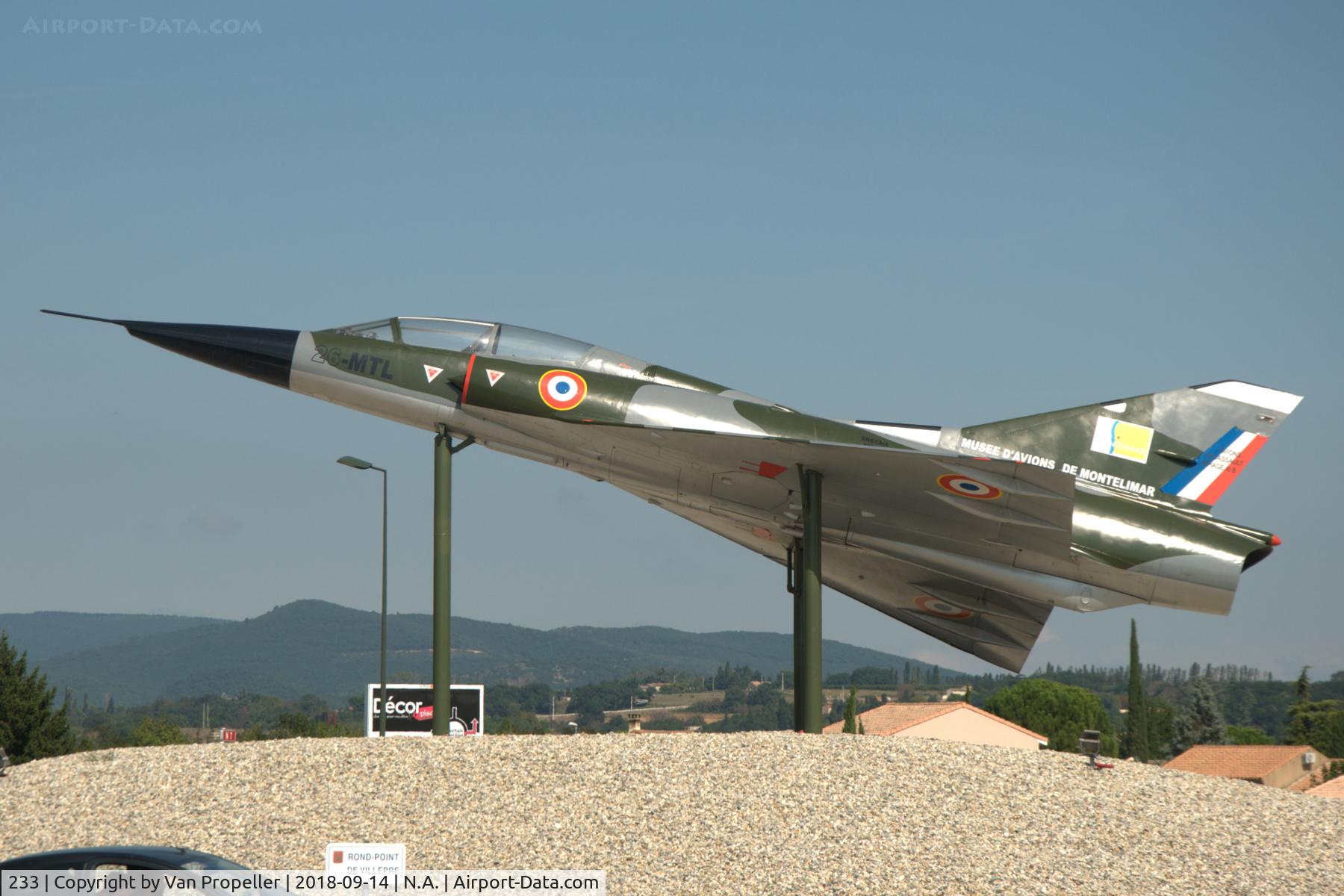 233, Dassault Mirage IIIB C/N 233, Dassault Mirage IIIB-1 of the European Fighter Aircraft Museum at Montélimar, France. Mounted on poles on the roundabout Rond-point de Villepré. Flew previously with the CEV