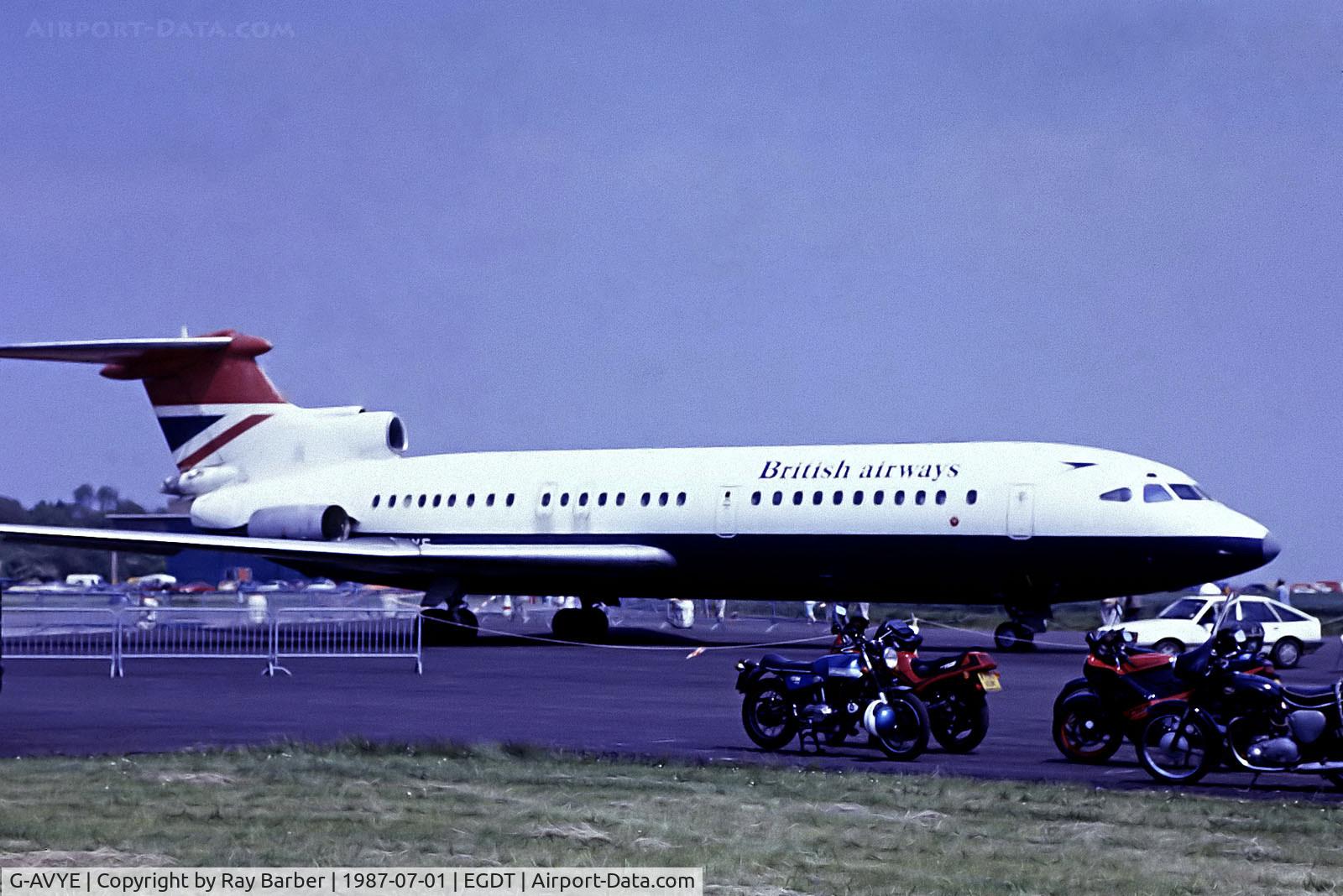 G-AVYE, 1968 Hawker Siddeley HS.121 Trident 1E-140 C/N 2139, G-AVYE  Hawker-Siddeley Trident 1E [2139] (Ex British Airways / Science Museum) Wroughton~G @ 1987. From a slide.