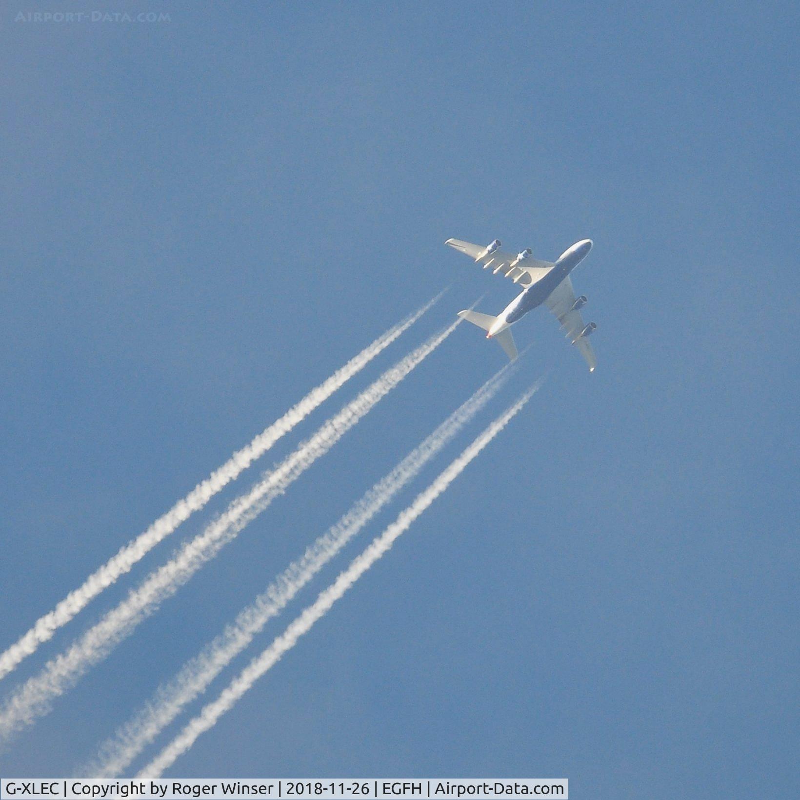 G-XLEC, 2013 Airbus A380-841 C/N 124, British Airways Airbus A380 flying East at an altitude of 30000 feet over Swansea Airport.