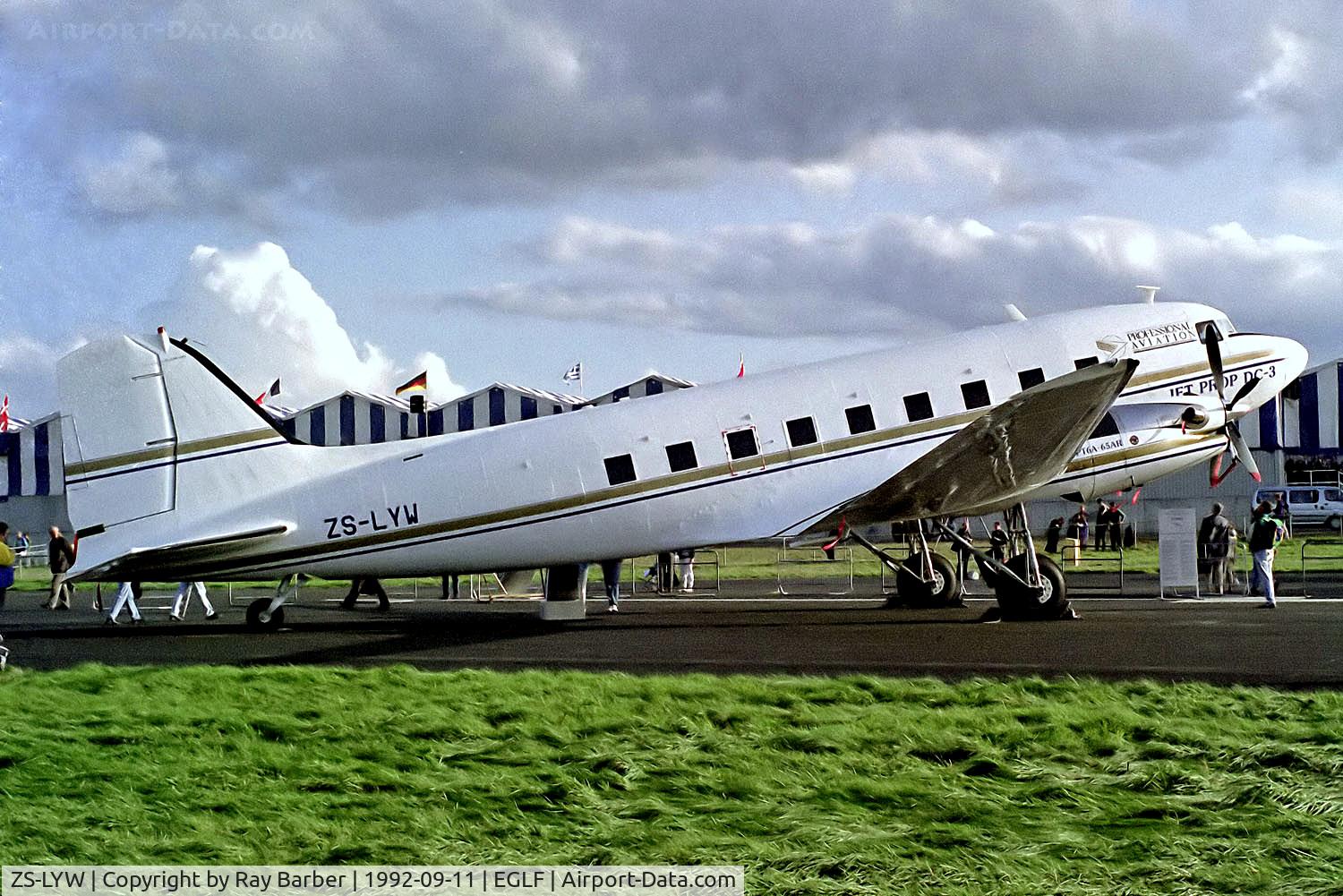 ZS-LYW, 1944 Douglas DC-3-65TP (C-47B-1-DK) C/N 14357/25802, ZS-LYW   Douglas DC-3C-47B-1DK DC-3-65TP [14357/25802] (Professional Aviation) Farnborough~G 11/09/1992