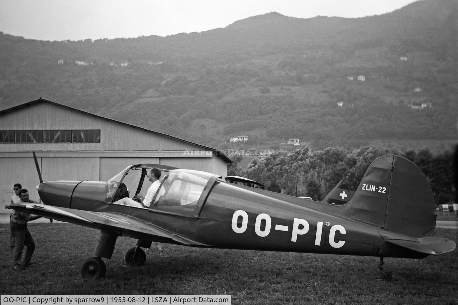 OO-PIC, Zlin Z-22 C/N 115, At Lugano-Agno airport, which looked quite different in the mid-fifties as today. OO-registered from 1954-10-11 until 1966-08-21. Scanned from a 6x9cm negative.