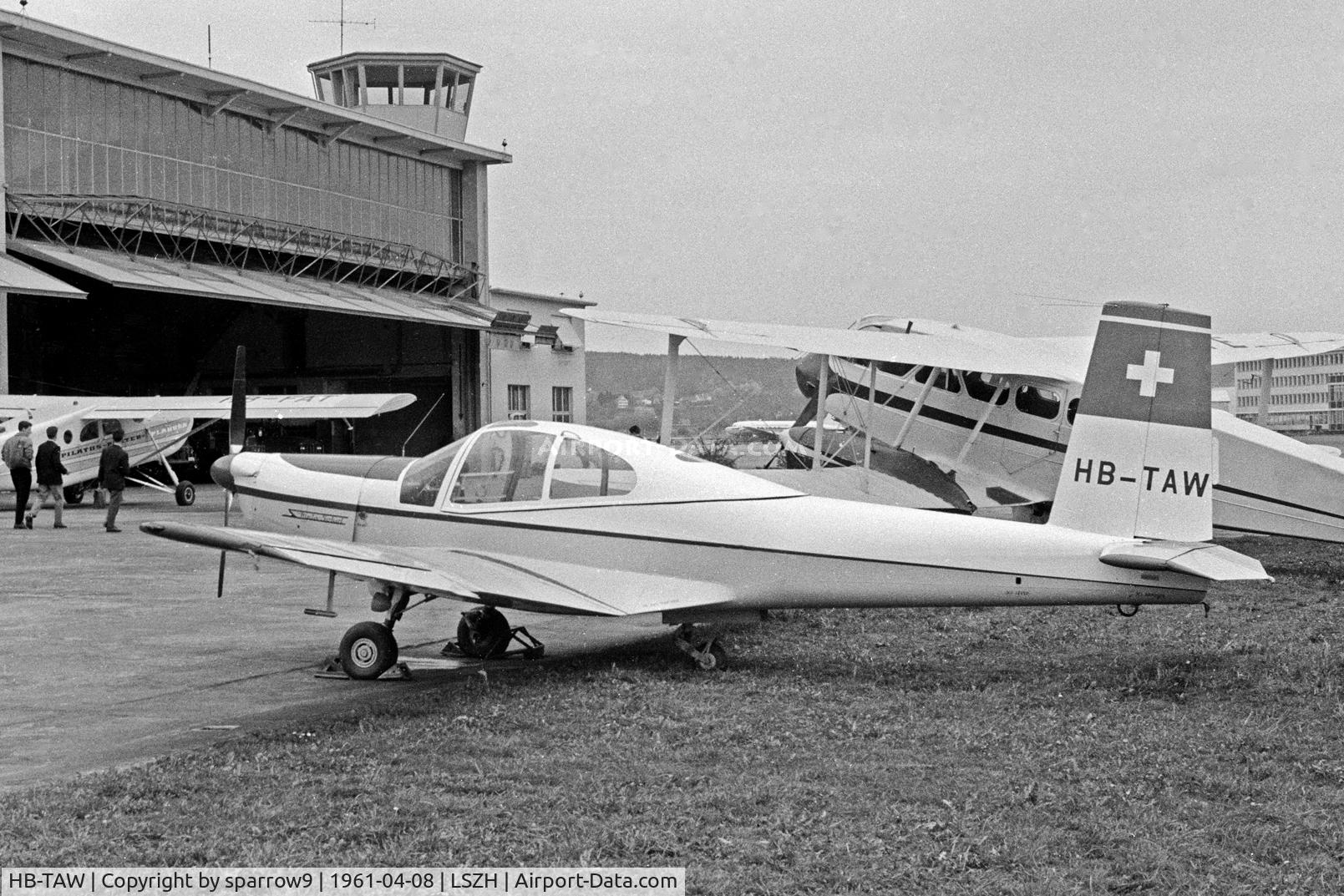 HB-TAW, 1958 Orlican L-40 Meta Sokol C/N 150304, At Zurich-Kloten airport. The aircraft crashed a year later. Scanned from a 35mm b+w negative.